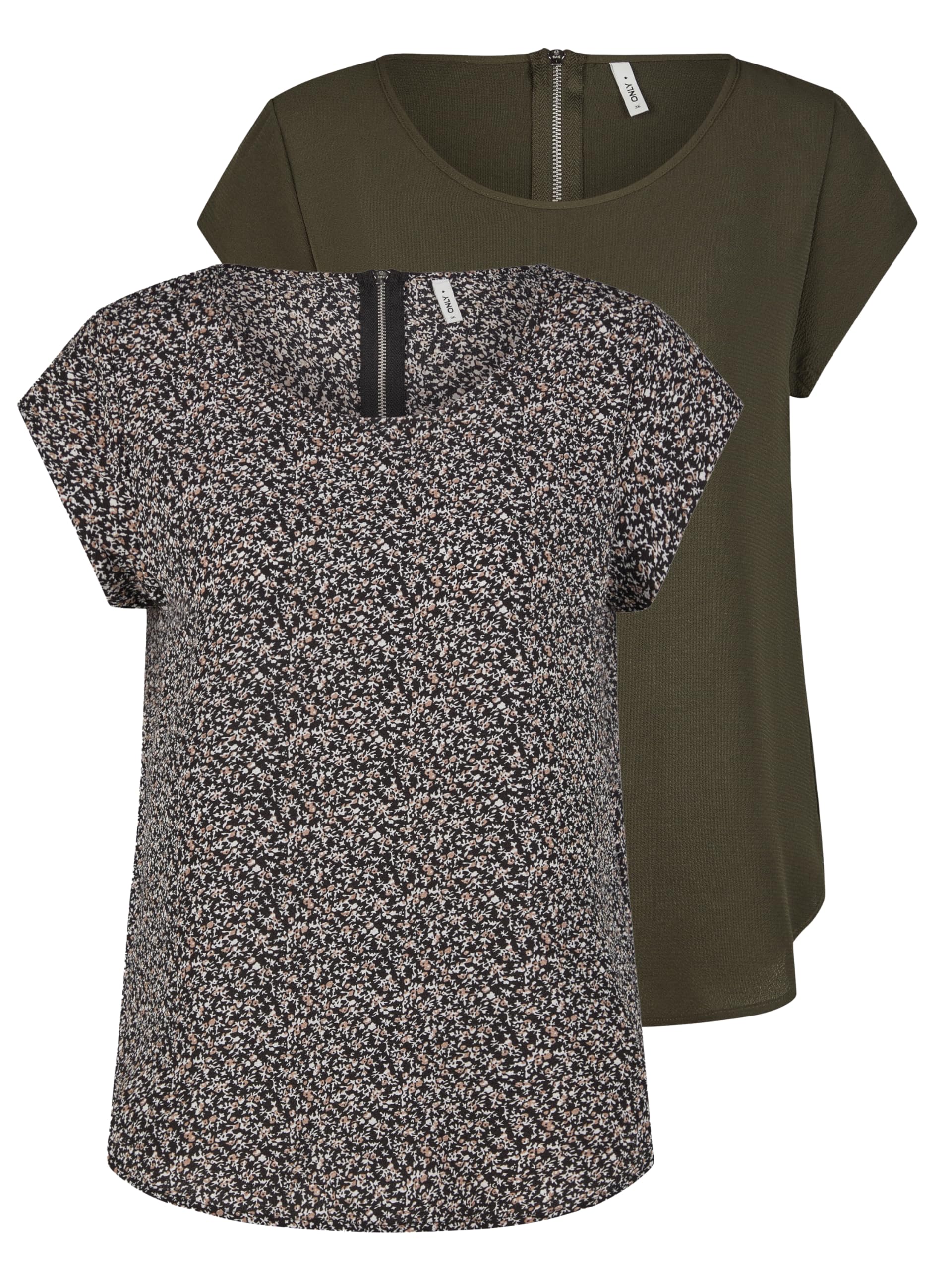 ONLY ONLVIC Lot de 2 t-shirts à col rond et manches courtes pour femme Coupe droite Motif basique Couleur unie Blanc Noir Vert Rose Bleu 34 36 38 40 42 44, Rosin (15284243), 38