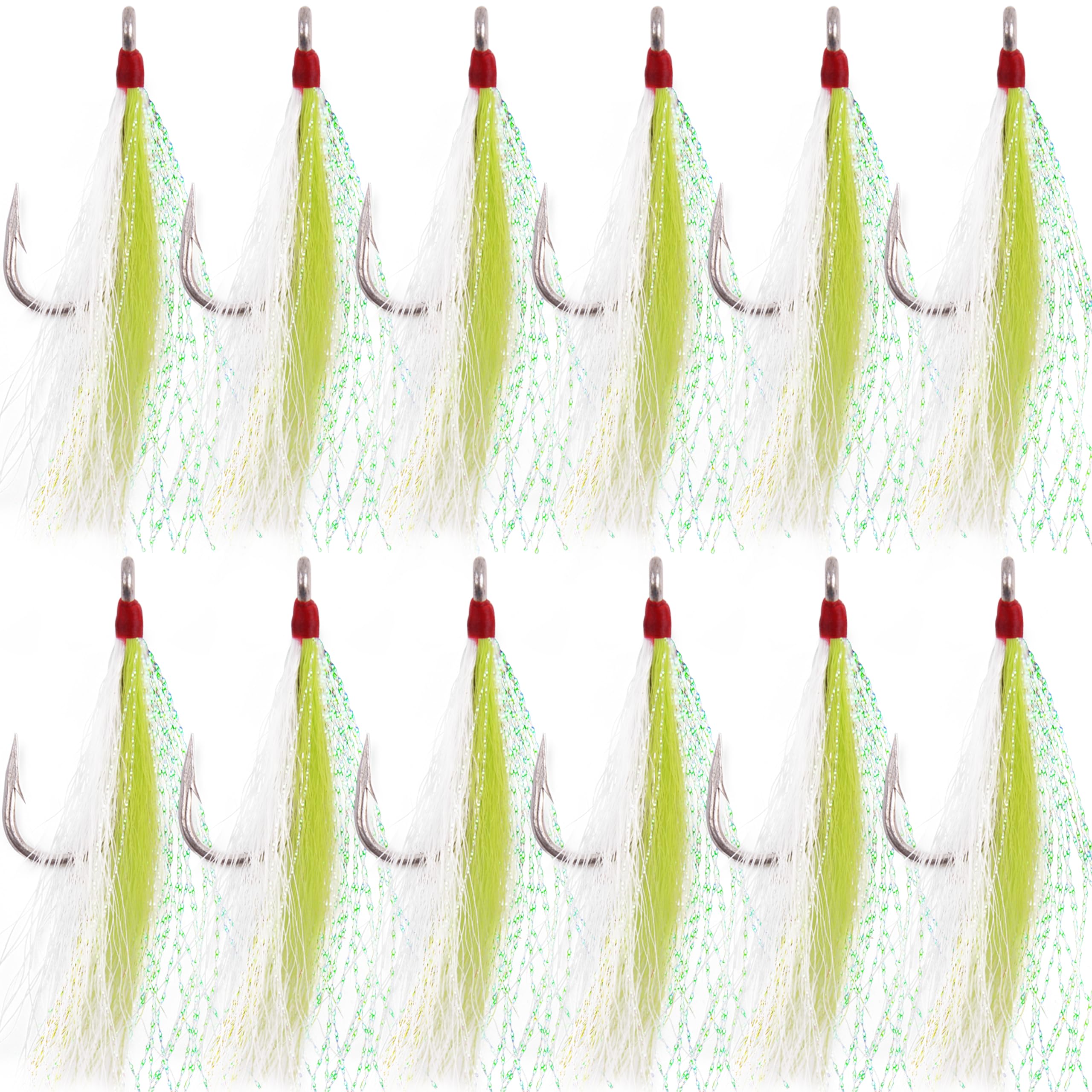 Bucktail Teasers Fishing Hooks Saltwater Fluke Flounder Rig Stainless Steel Fishing Hooks Bucktail Mylar Teasers Inserted for Catfish Cod Flounder Fluke Hi/Lo Rig (Green, Stainless Steel-12pcs)