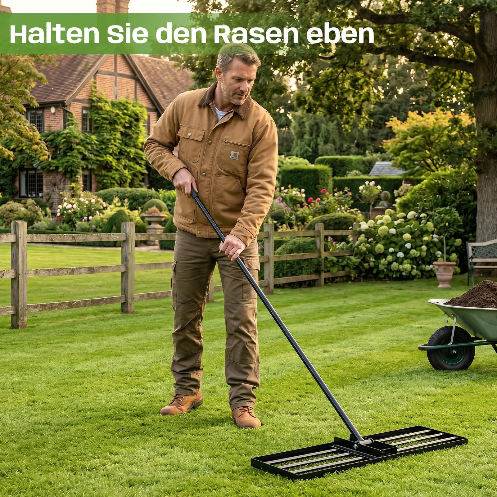 Nivelador de césped con mango regulable de 200 cm, rastrillo de nivelación de césped de 76 x 25 cm, de acero al carbono, rastrillo de césped para nivelar para jardín, patio y cuidado del césped