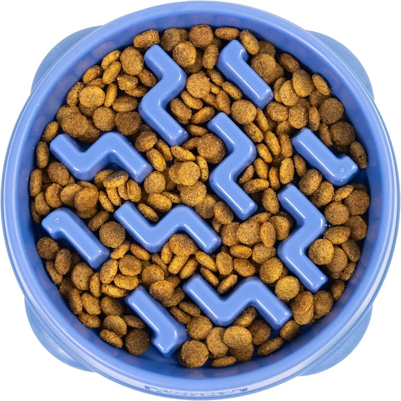 Comedouro lento para cães e gatos Outward Hound Fun Feeder Slo Bowl, 2 xícaras, padrão Notch, azul, tamanho Médio (Pacote com 12)