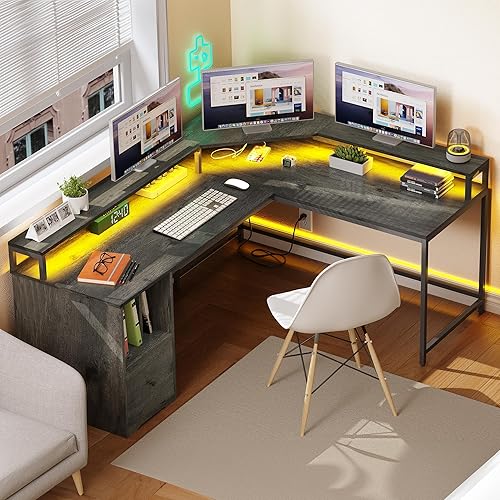 Miniatura 2 de YITAHOME Escritorio en forma de L con tomas de corriente y luces LED, escritorio de computadora de 67 pulgadas con cajón de archivos, escritorio de