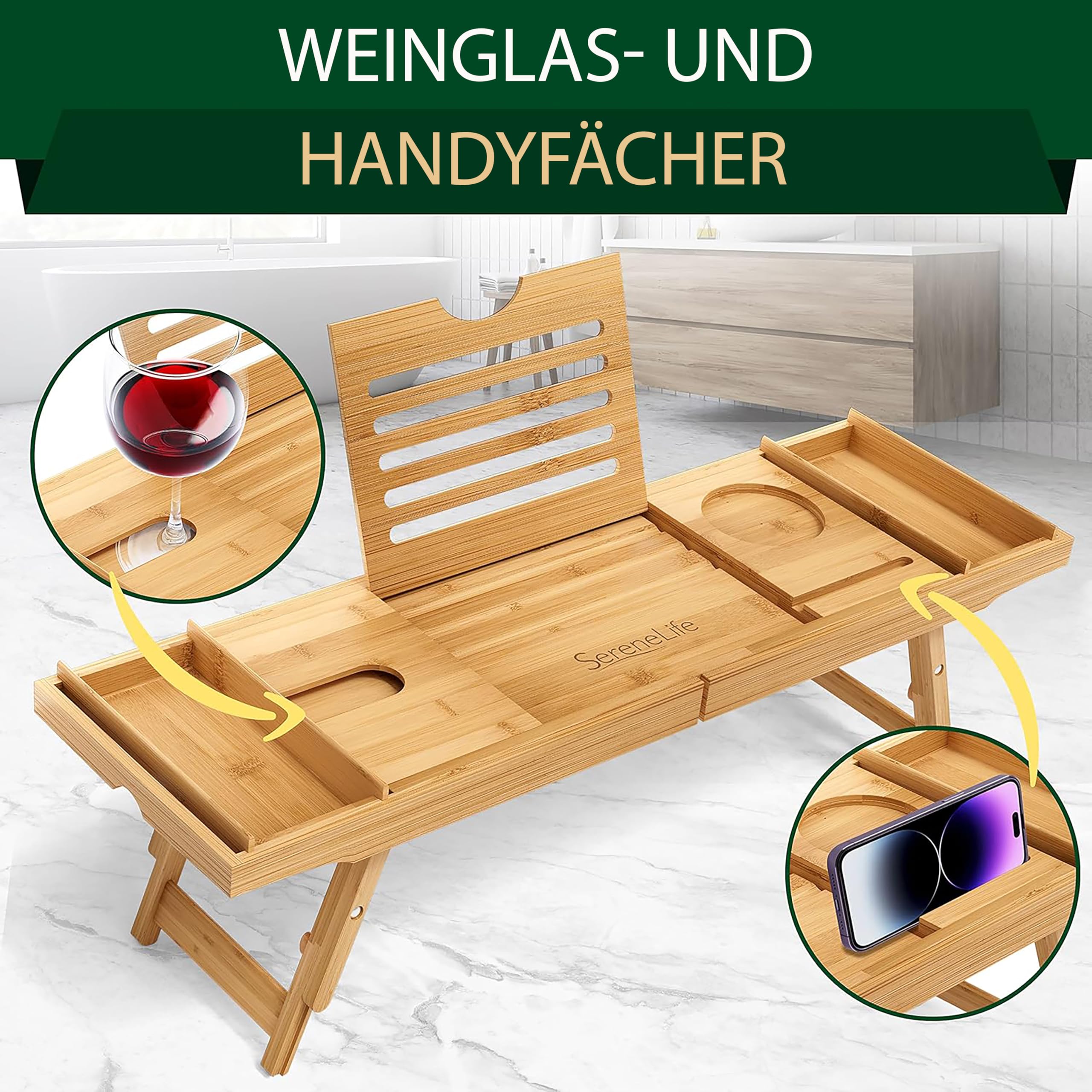 SereneLife Badewannenablage aus Bambus 2-in-1 als Bett Tablett – Ausziehbares Badewannenbrett 75–108 cm, höhenverstellbar, klappbar mit stabiler Buch- und Tabletstütze