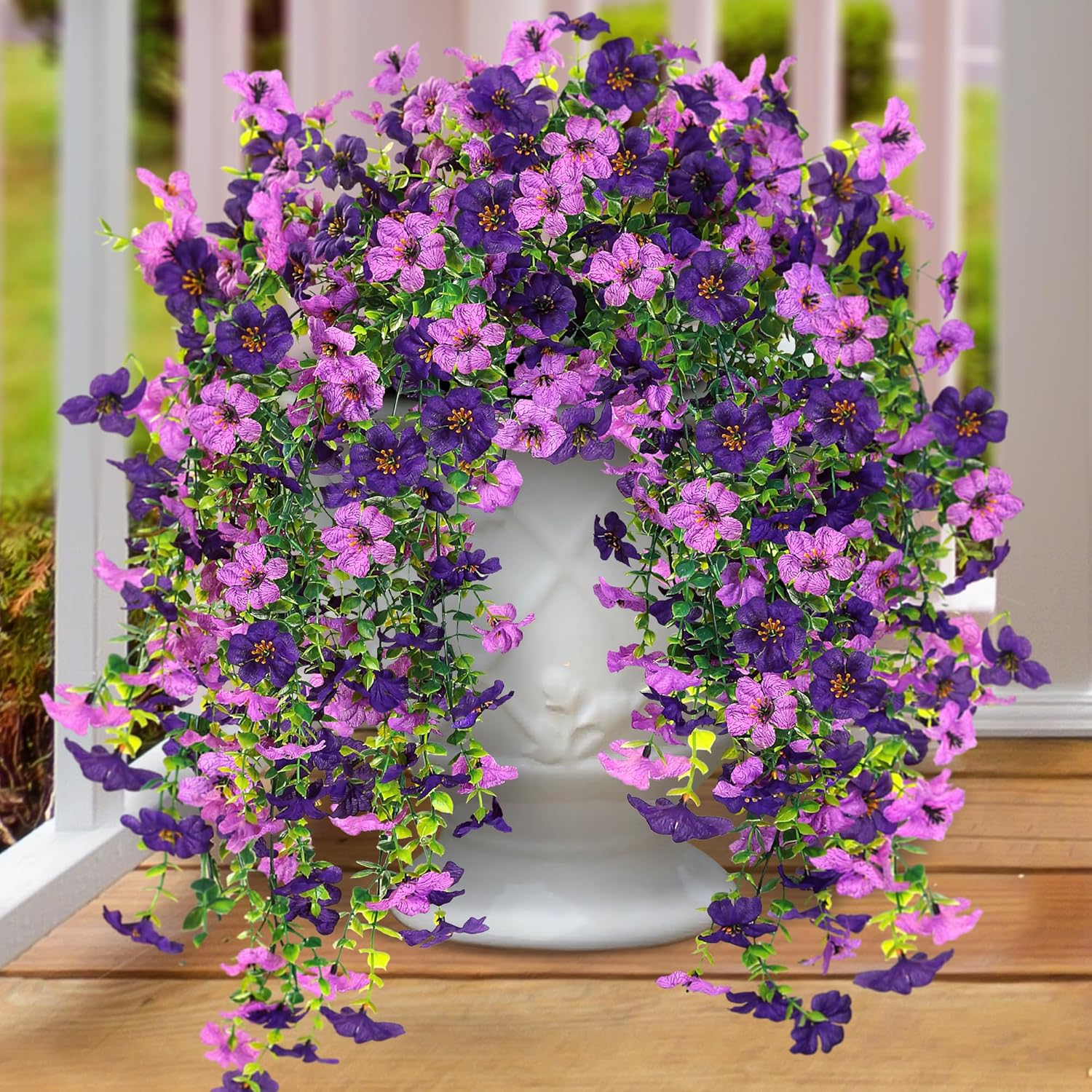 Artificial Fake Hanging Flowers Plants for Outdoor Outside Spring Summer Decoration 2PCS Faux Silk UV Resistant Realistic Mums Daisy with Eucalyptus for Home Porch Patio Balcony(Purple & Magenta)