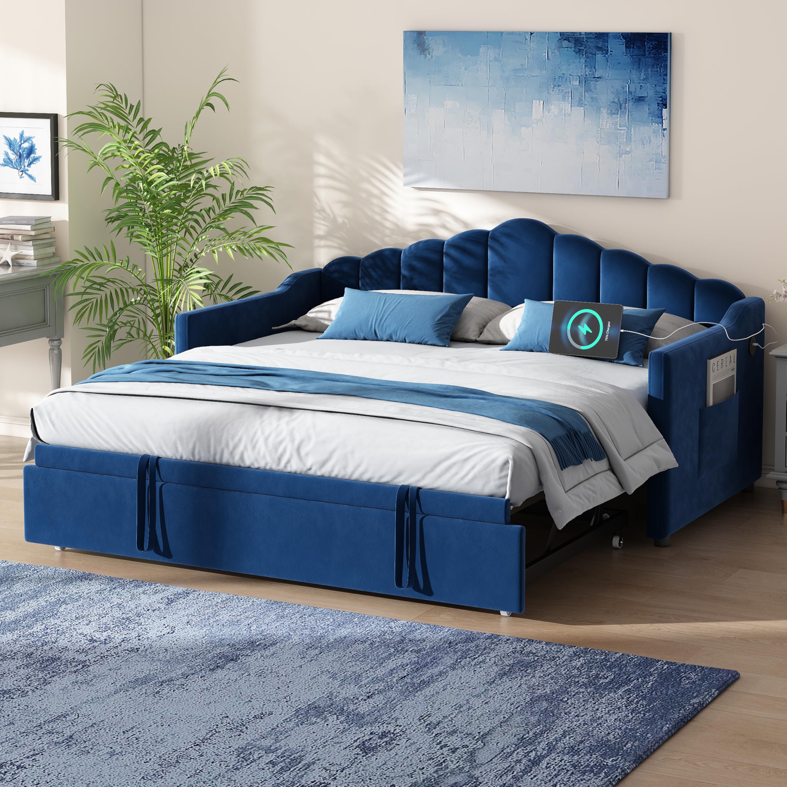 Merax Velvet Upholstered Twin Size Daybed with Adjustable Height Pop Up Trundle, Convertible Twin to King, Wood Iron Bed Frame with Charging Port and