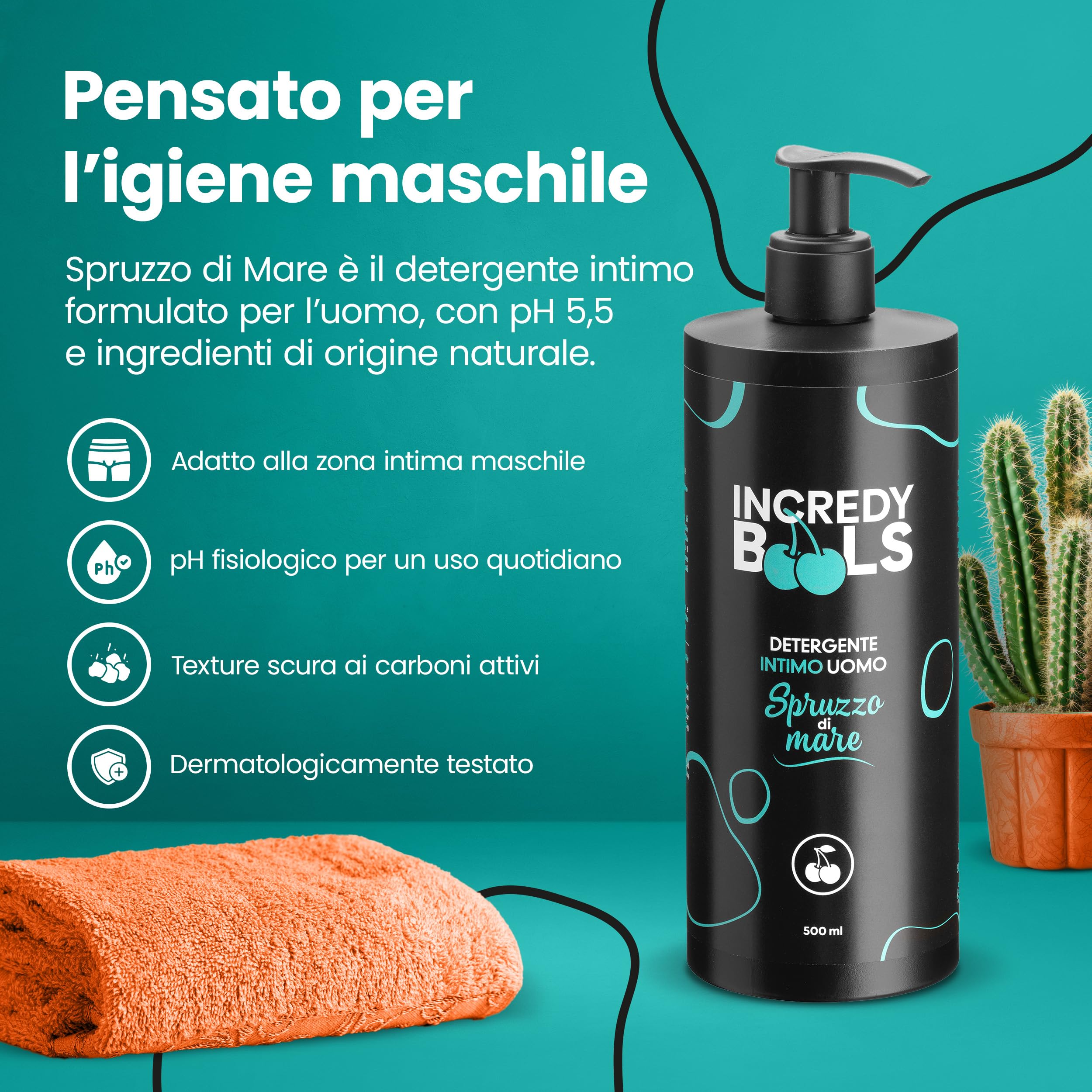 Incredy BooLS - Limpiador íntimo para hombre Bio & Vegan Ph 5,5 perfumado - 500 ml (pulverización de mar)