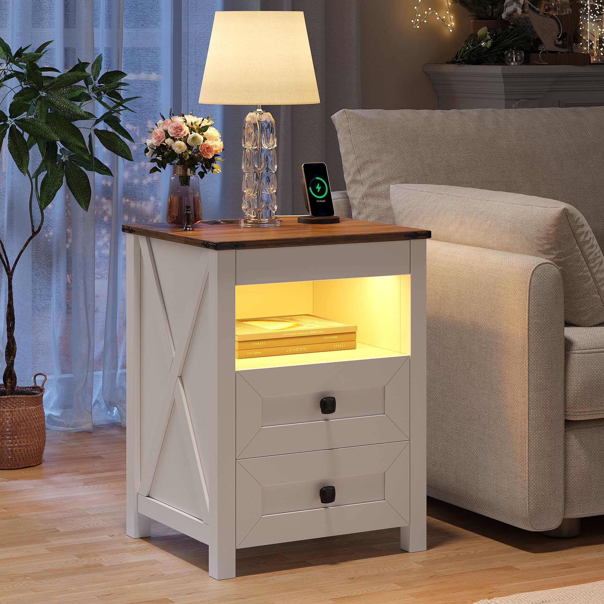 LED Nightstand with Gun Drawer: Bedside Table with Charging Station for Bedroom Furniture – Farmhouse Night Stand with 3 Colors Smart Human Sensor Lights for Living Room End Table, White