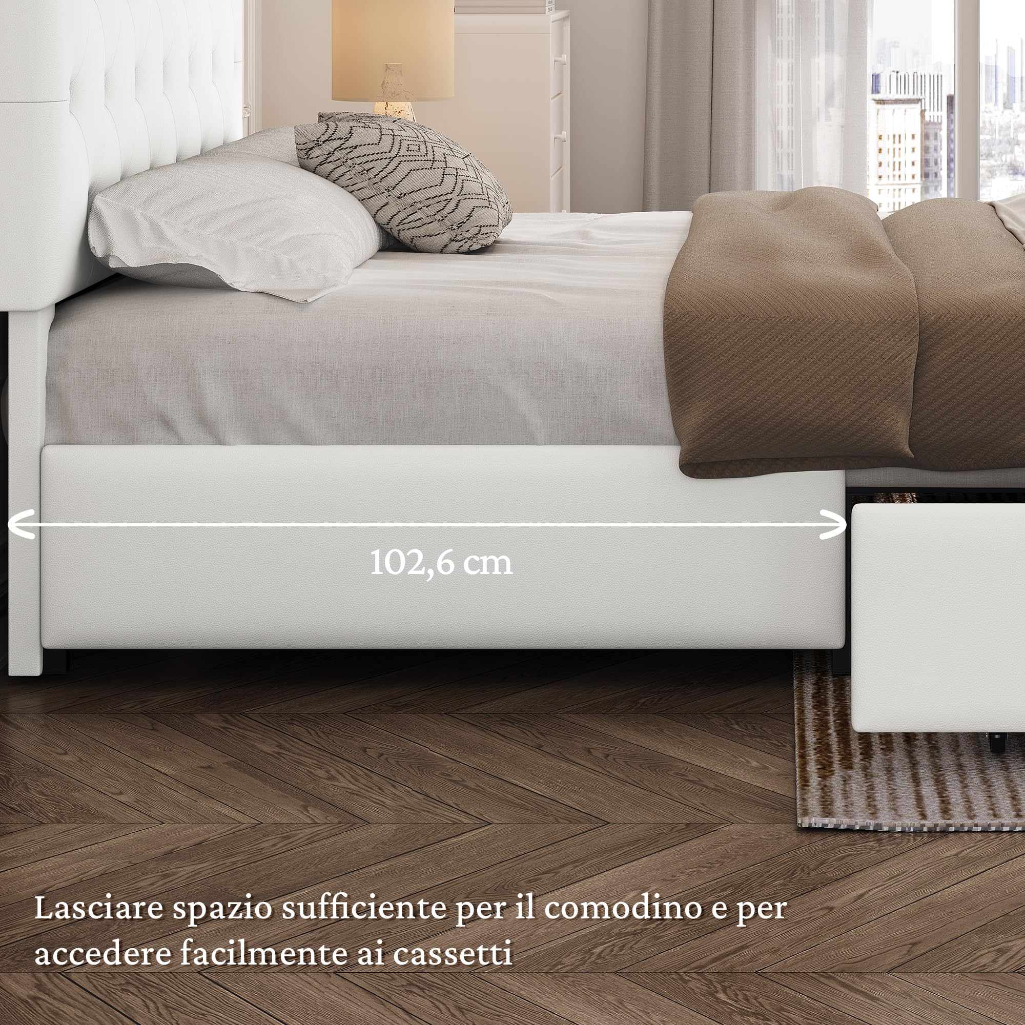 Yaheetech Letto Imbottito Matrimoniale 2 Cassetti (Bianco, 160 x 200 cm) | Letto Contenitore Doghe Legno Testiera Regolabile Camera da Letto Moderno