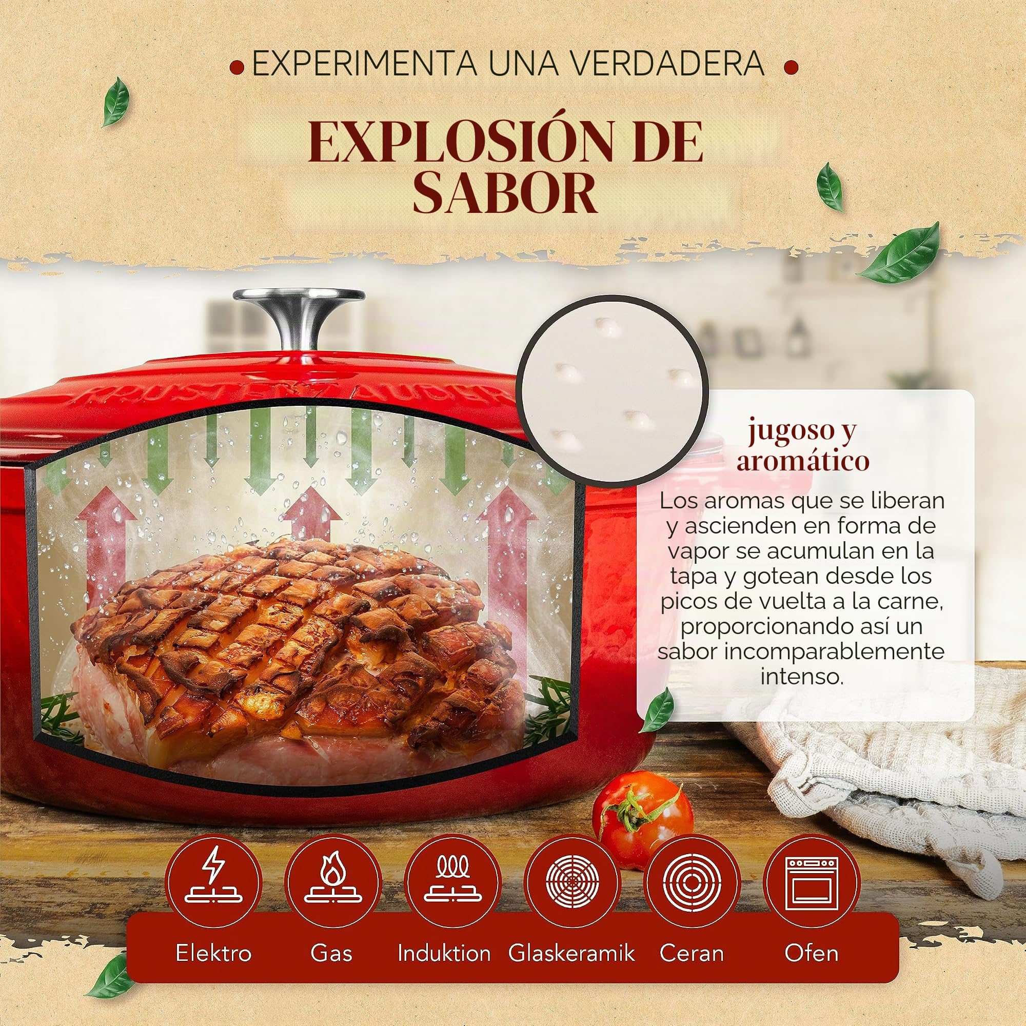 KRUSTENZAUBER Cacerola de hierro fundido con tapa, 33 cm, apta para horno, incluye tenedor de carne, 6 l, esmaltado, olla XL de hierro fundido, olla ideal para cocinar Kazan, para inducción, ovalada
