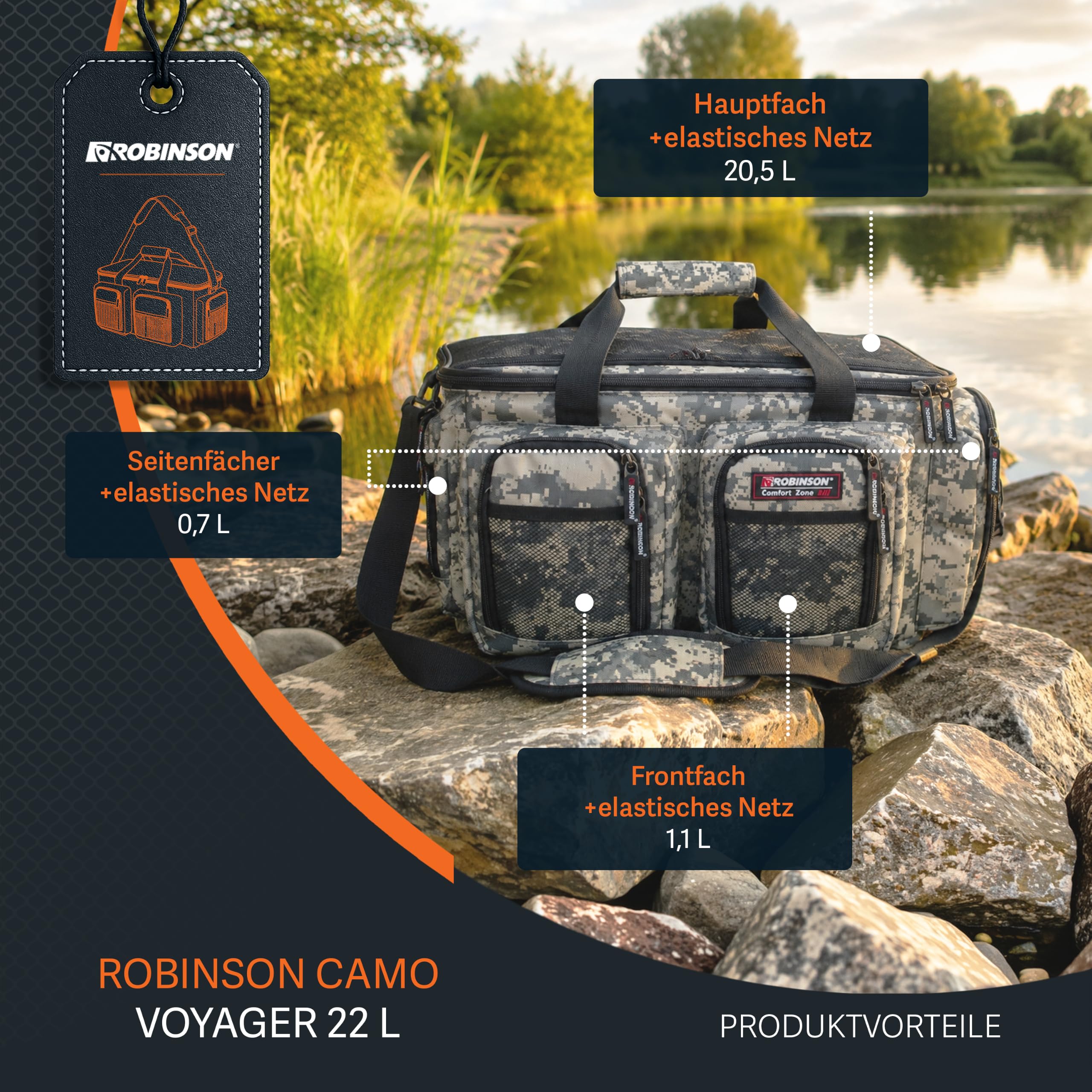 Robinson Angeltasche - Tackletasche mit Schaumpolsterung, Strapazierfähiges Reißfestes Material, Verstellbarer Tragegurt, Mehrere Außentaschen - Camo Voyager (L (22L) - 45x18x28cm)