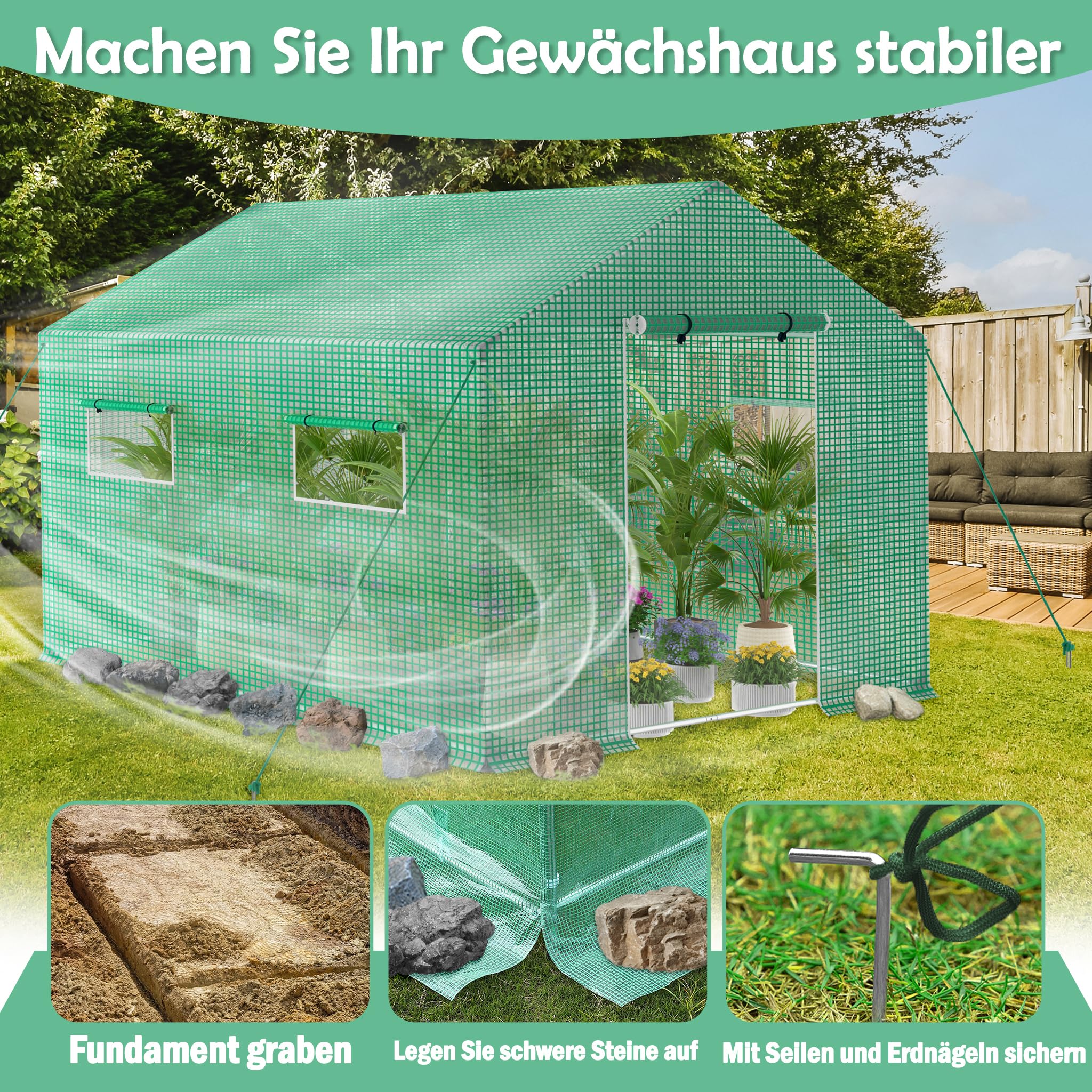 LILIIN Szklarnia foliowa ze stalowym fundamentem, szklarnia ogrodowa, tunel foliowy, namiot foliowy, inspekt, warzywa, domek ogrodowy z oknem, zielona, 3 x 2 x 2 m, 6 m²
