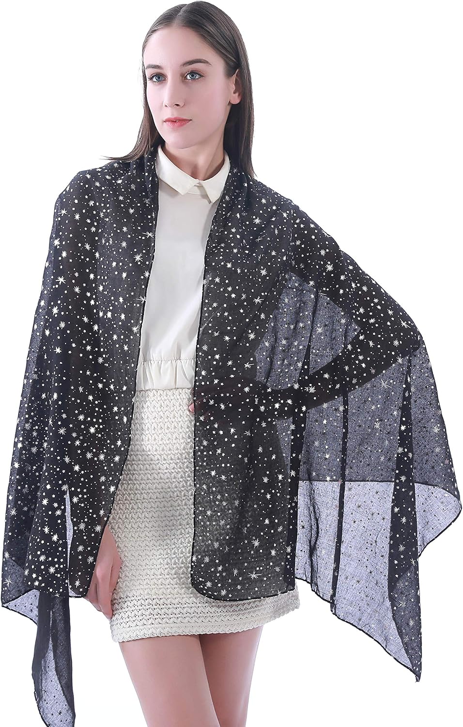 Silver Gold Glitter Shimmer Sparkle Foil Star Print Women's Scarf Shawl Wrap Lightweight - Image 4