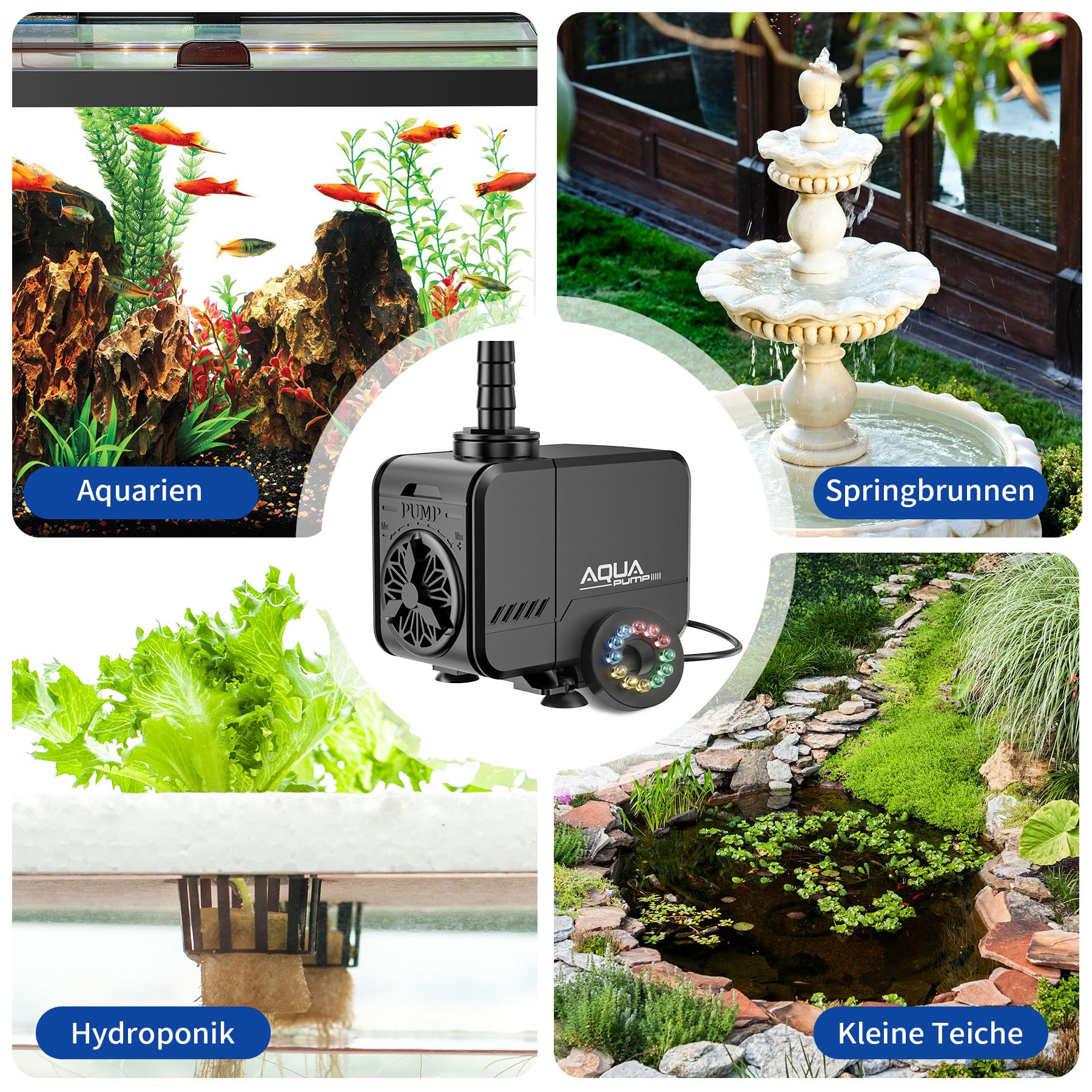 LED Mini Aquarium Wasserpumpe 40W 3000L/H Schutz vor überhitzung Leise Springbrunnenpumpe mit bunten Lichtern für Aquarien Fischtank, kleine Teichpumpe Förderhöhe 3m mit 1,6m Kabel & 3 Düsen