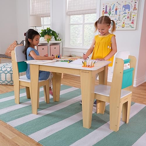 Miniatura 8 de KidKraft Mesa de almacenamiento de bolsillo de madera y 2 sillas para niños con contenedores, natural