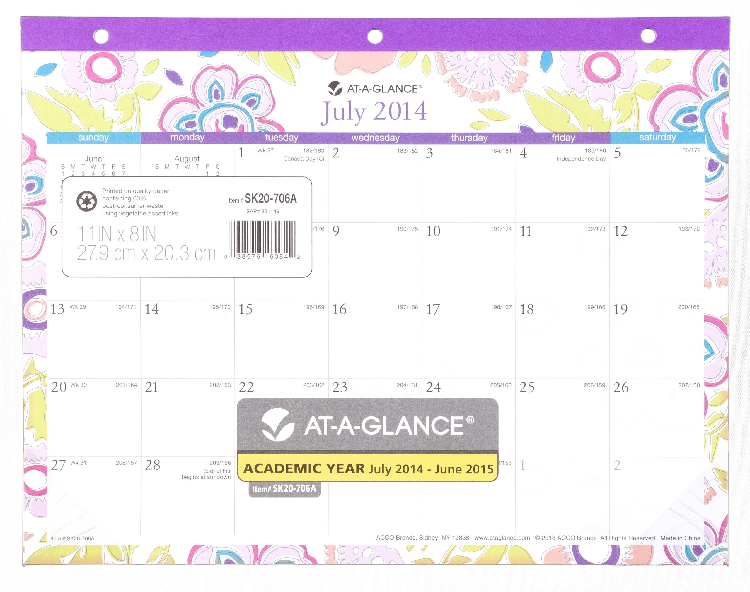 AT-A-GLANCE2014–2015 Academic Year Good Vibrations Mini Monthly Desk Pad Calendar, 11 x 8.50 Inch Page Size (SK20-706A)