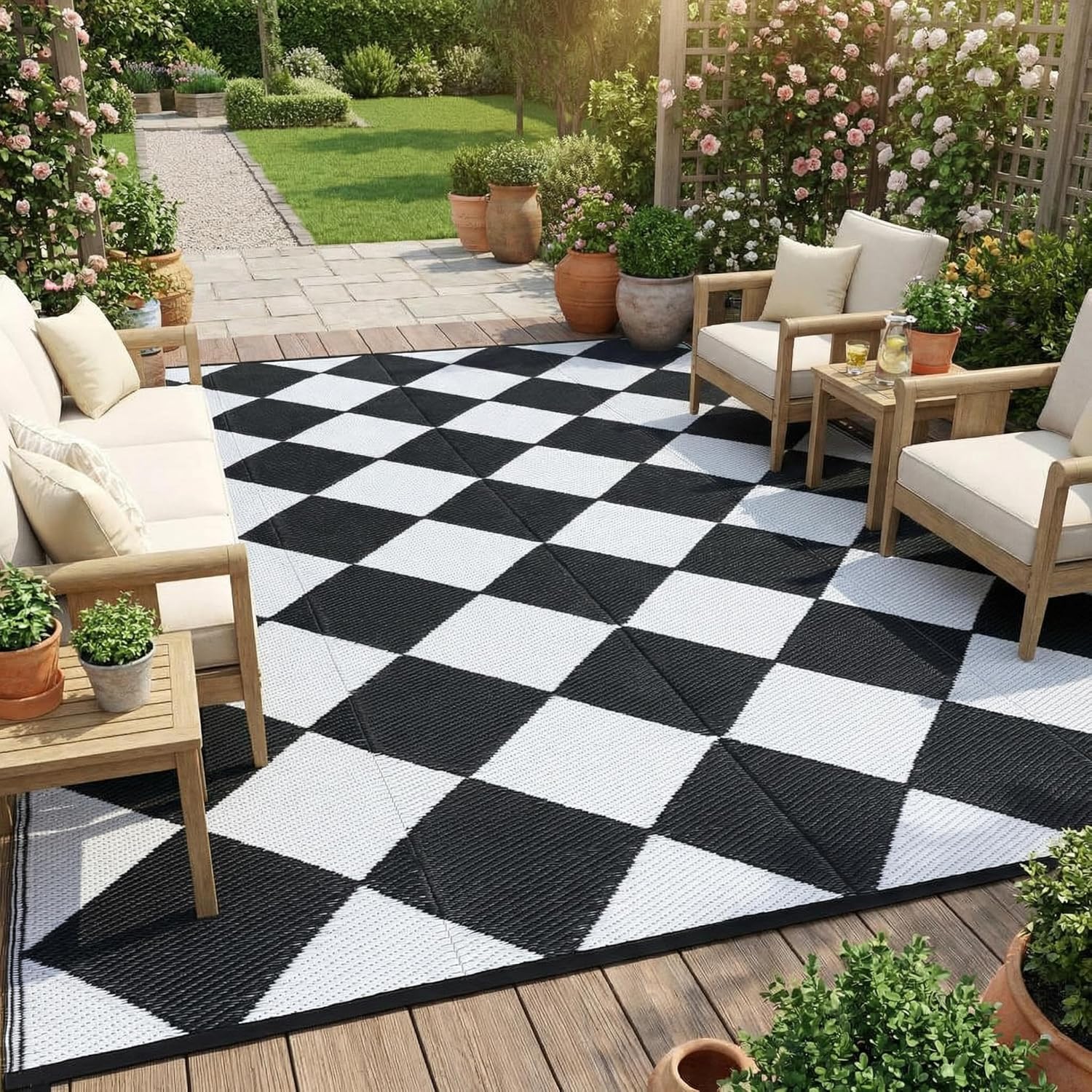 Garvee 9x12 Outdoor Rug for Patio Plastic Straw Rug Waterproof Reversible Mat Lightweight Foldable Carpet Easy Clean Large Rugs for Patio Porch Backyard Camping RV Beach Balcony Deck Checkered White