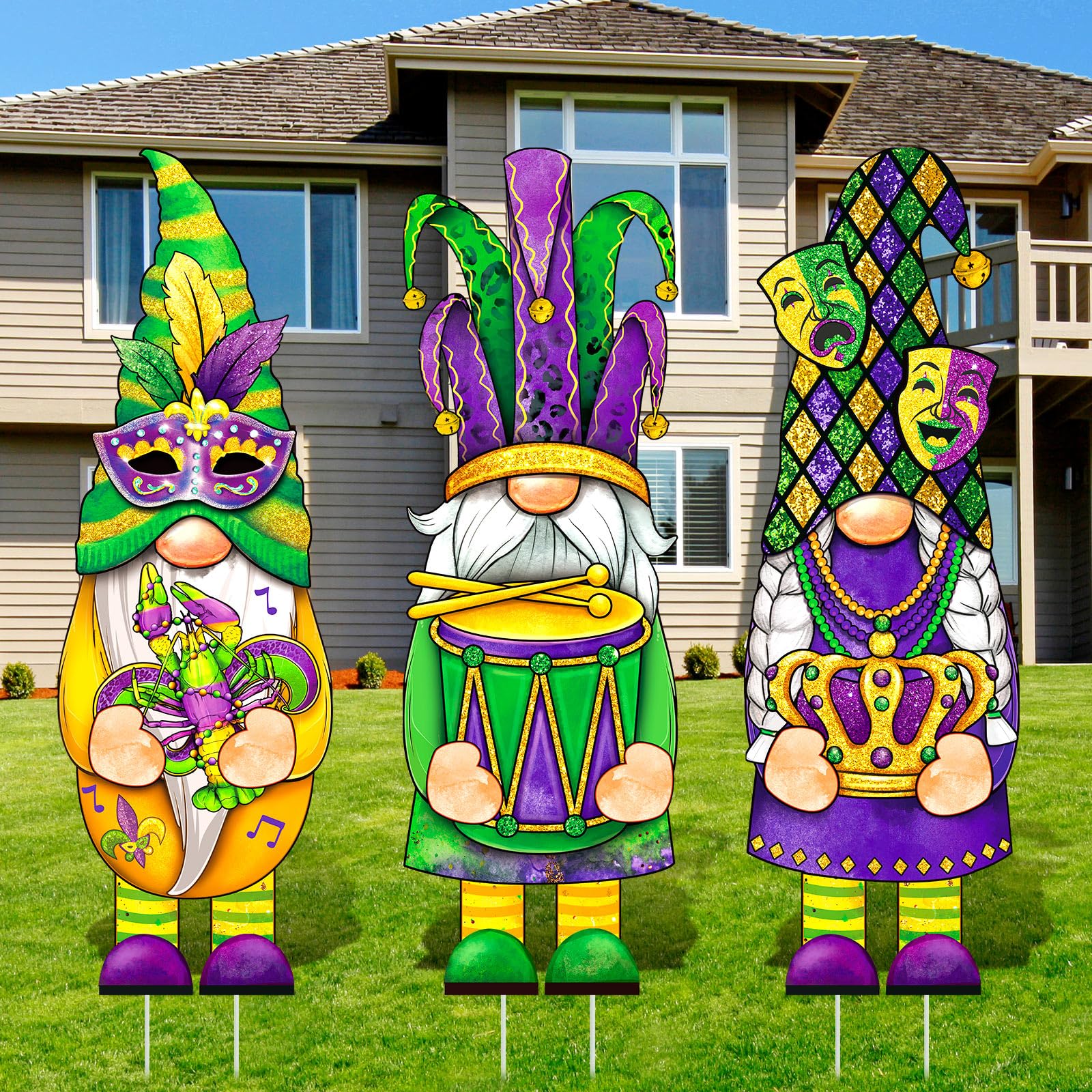 Umigy 3 Pcs Mardi Gras Yard Decor Carnival Day Gnome Outdoor Sign with Stakes Gold Green Purple Gnome Lawn Sign Sweet Yard Decor for Home Pathway Walkway