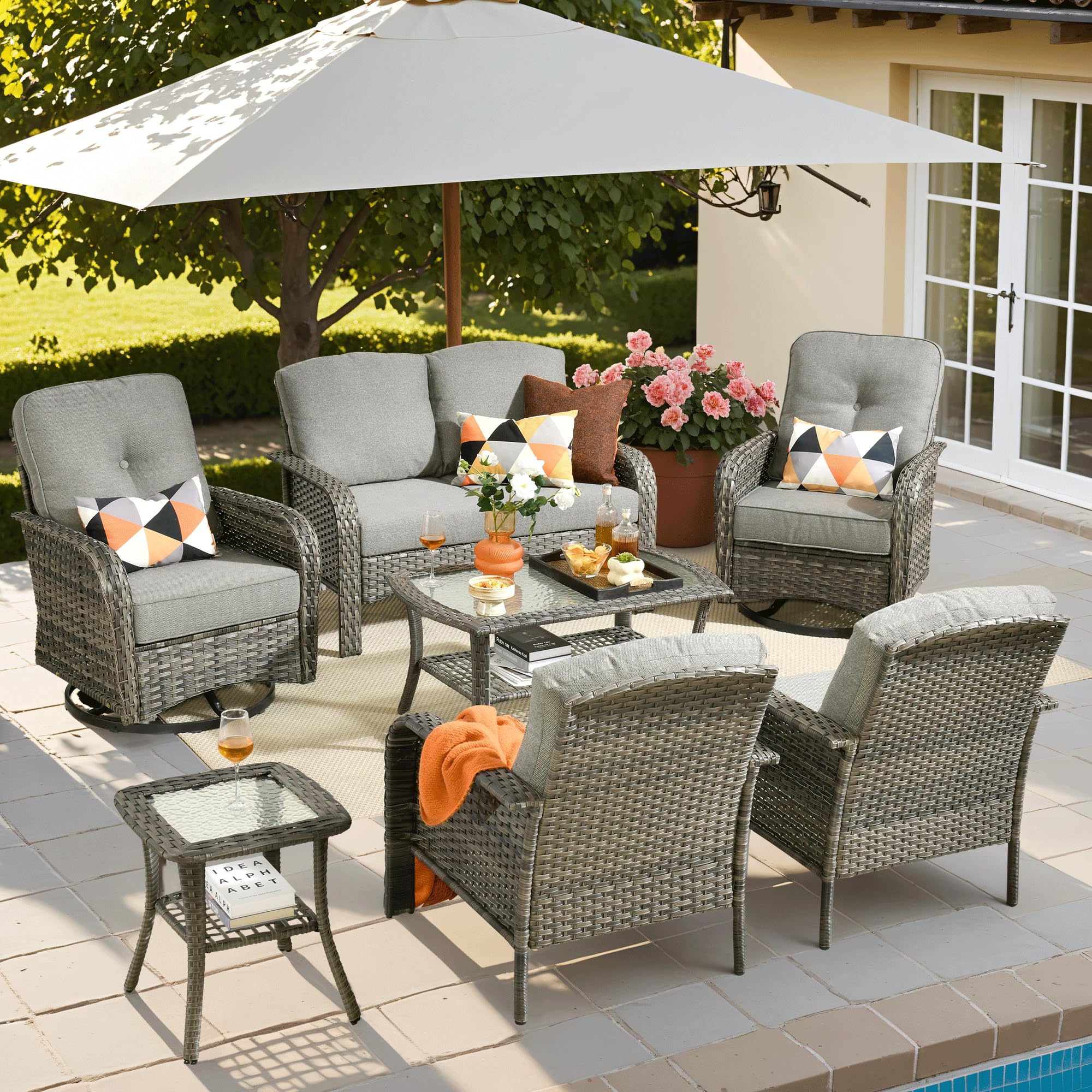 ovios 7 Pieces Patio Furniture Set, Outdoor Wicker Sofa with Swivel Chairs, Coffee Table, All Weather High Back Rattan Loveseat Couch with Comfy Cushions, Dark Grey