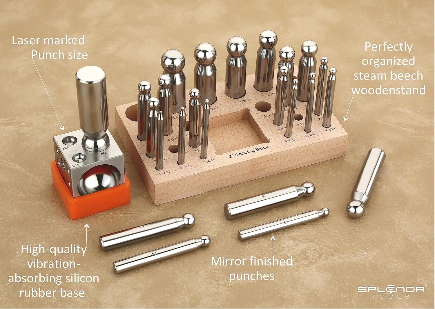 Splenor Tools Steel 2" Square Dapping Doming Block and 24 Punch Set - for Jewelry Making - Metal Forming Die - Shaping Tools
