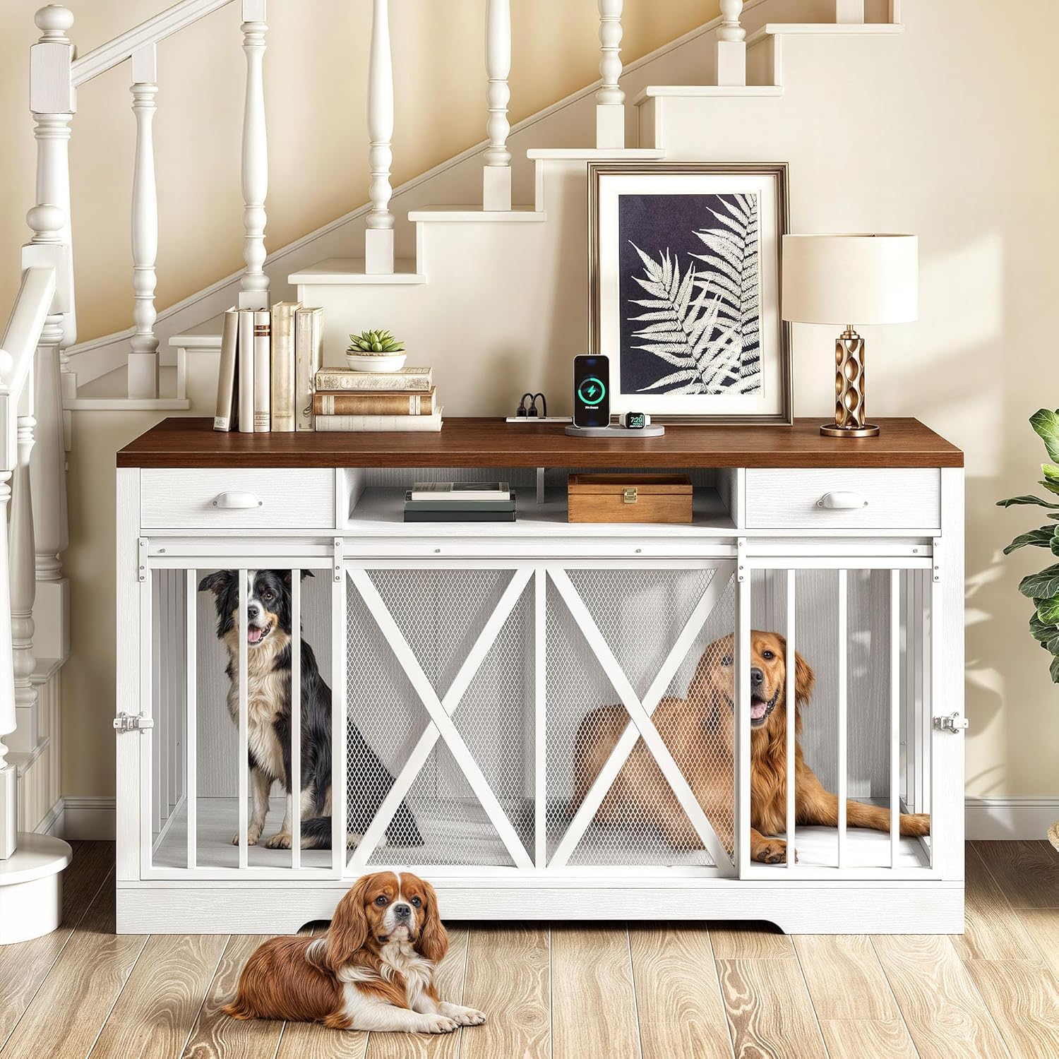 DWVO 63 Inch Double Dog Crate Furniture for 2 Dogs, Heavy Duty Wooden Dog Crate TV Stand with Charging Station, Dog Kennel Indoor Furniture Double Sliding Barn Door Design Ideal for 2 Dogs, White