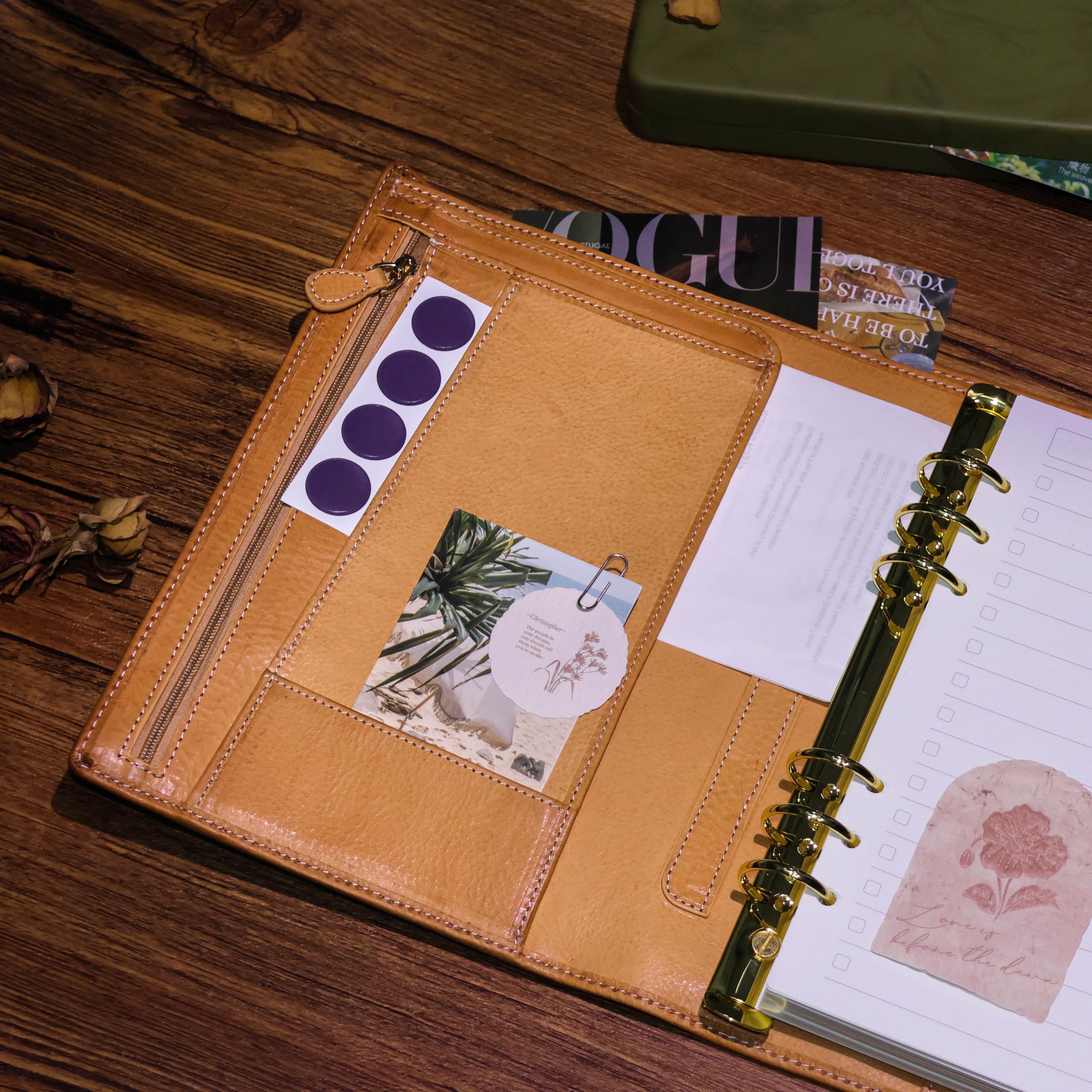 Minerva Box A5 - Diario tascabile in vera pelle, con anelli e mini agenda da 25 mm (colore originale)
