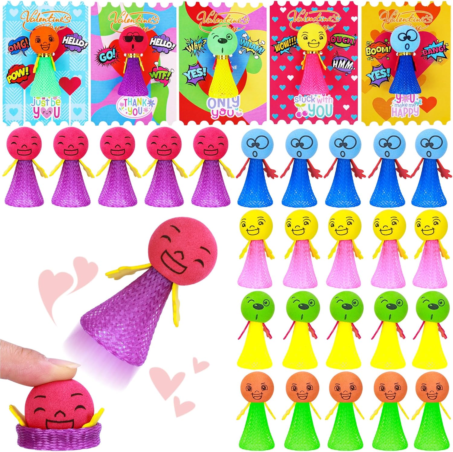 28 Pack Valentines Day Cards for Kids School Classroom Exchange, Jumping Spring Popper Toys with 28 Cards and Gold Strings, Emoji Bouncy Figures for Party Favors Treasure Box Prizes and Goodie Bags