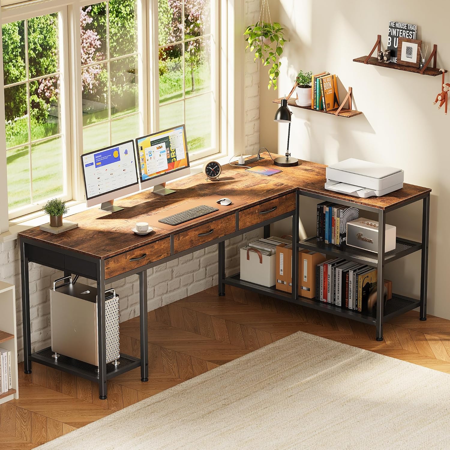 PRAISUN 63 Inch L Shaped Office Desk in a home office setting with dual monitors and storage shelves.