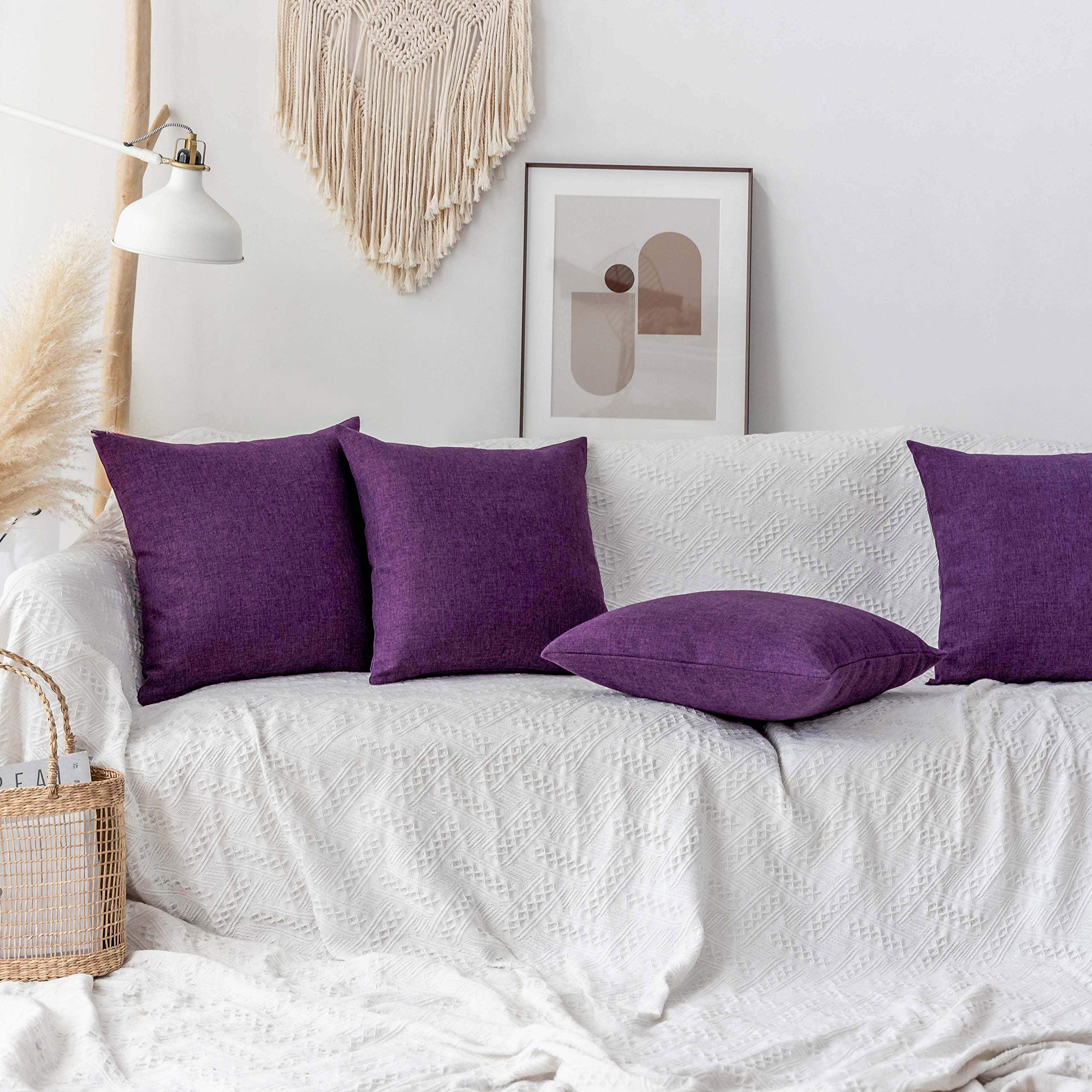 Fabstyles Set Of 2 Chenille Basket Weave Pillow Covers – 18x18 Inch Square Luxury Cushion Covers For Sofa & Bedroom (Lilac)