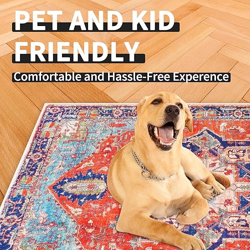 Miniatura 3 de ErwAad Alfombra de pasillo de 2 x 6 pies, color rojo y azul, diseño desgastado de medallón bohemio, no desprende pelo y es suave, lavable, ideal