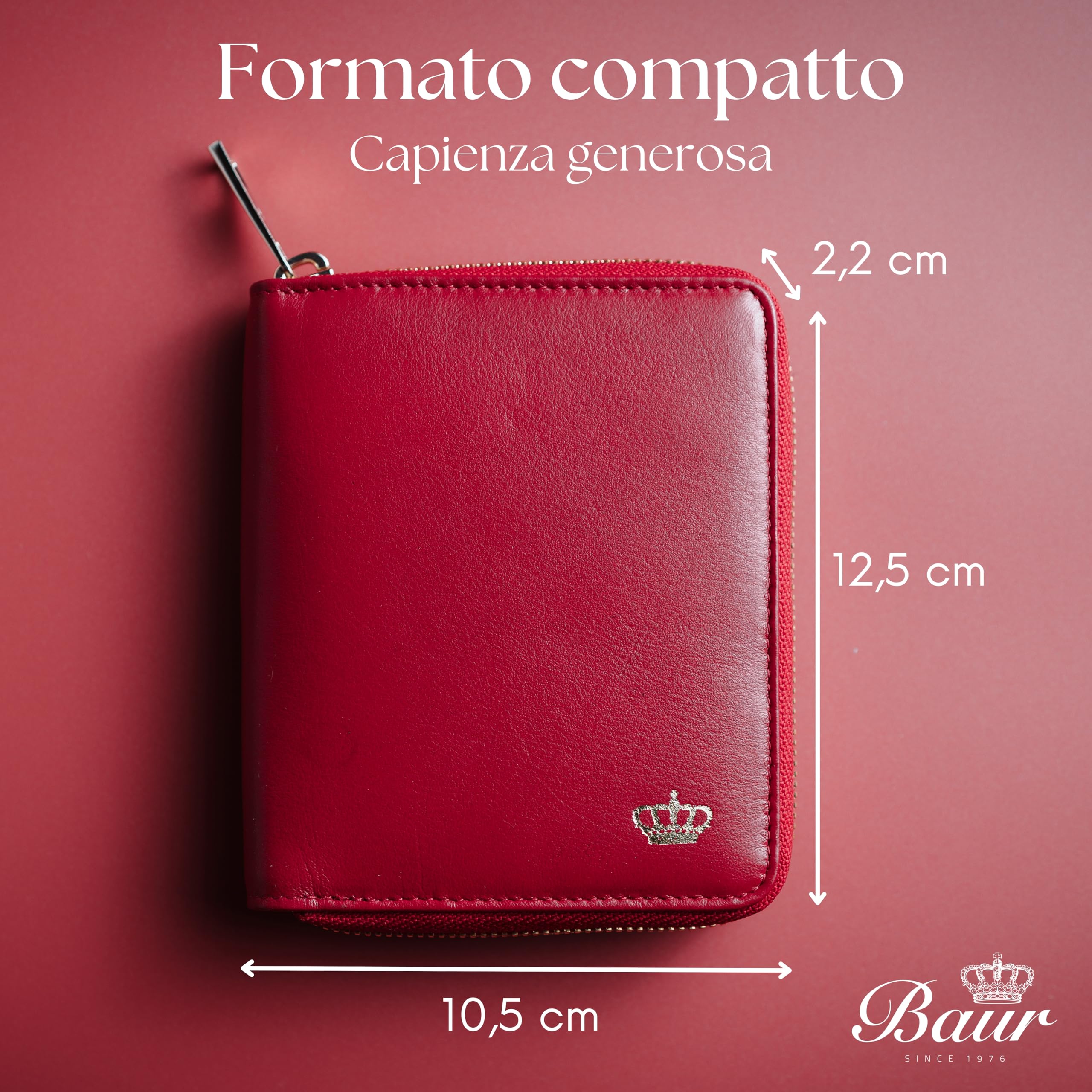 Baur portafoglio da donna – vera pelle nappa con protezione RFID – portamonete con molti scomparti carte e scomparto monete con bottone – cerniera metallica perimetrale (Cerniera oro, Rosso)