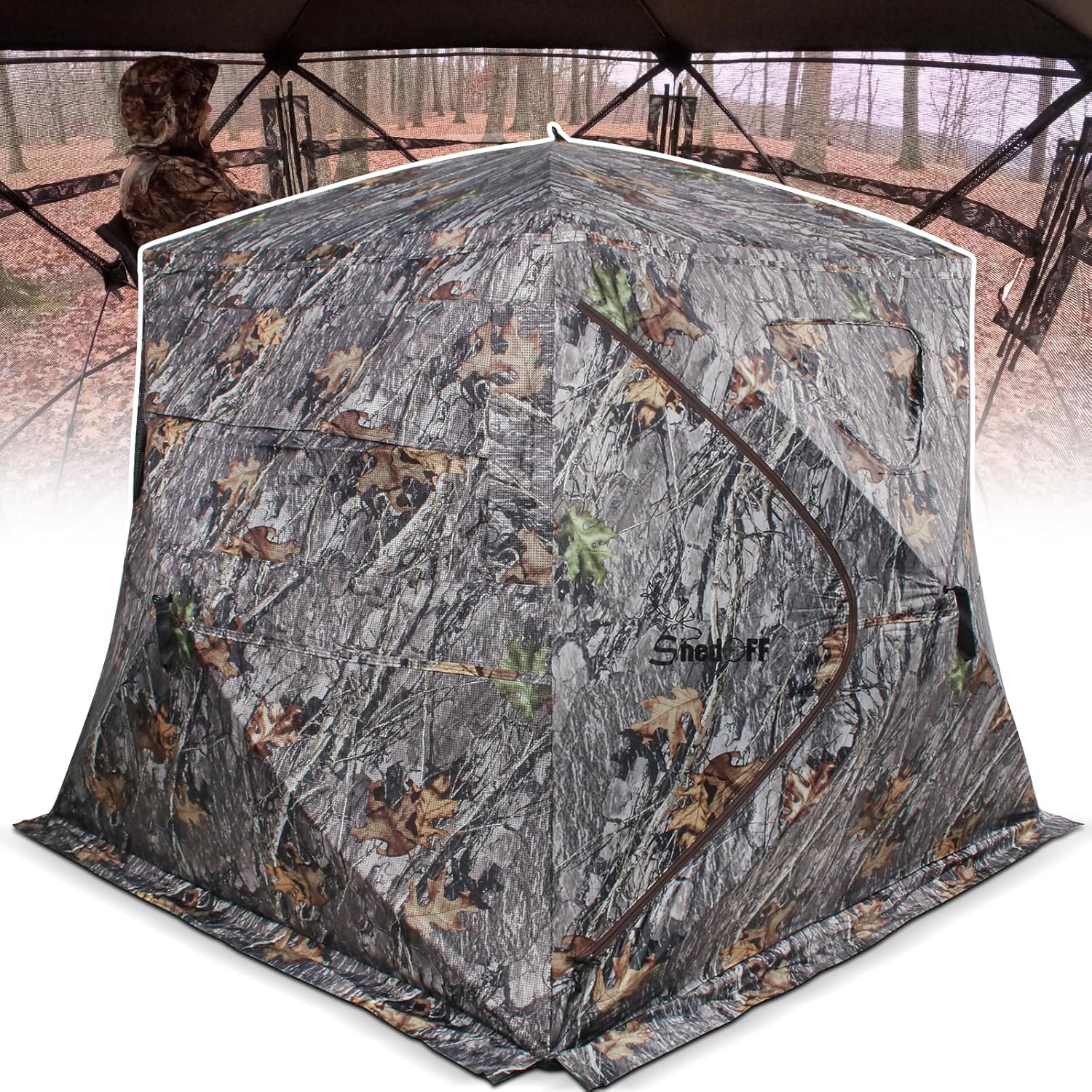 Wide Bottom Hunting Blind 1-3 Person with Portable Chair, 270 Degree See Through Pop up Ground Blinds for Deer Turkey Duck Hunting, Bow Hunting Adjust Windows with Silent Zipper