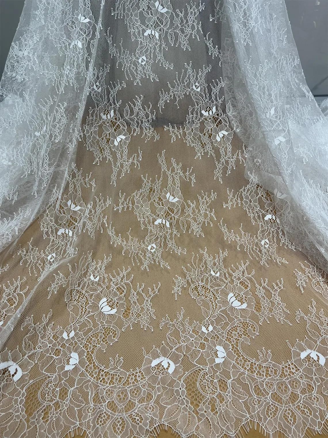 Orient Lace Craft White Chantilly Net Scallop Lace Fabric Nylon Floral Eyelash Fabric for Gown, Sewing Dress Skirt Decor DIY Handicrafts 3 mtr Width 60 inch-image-30
