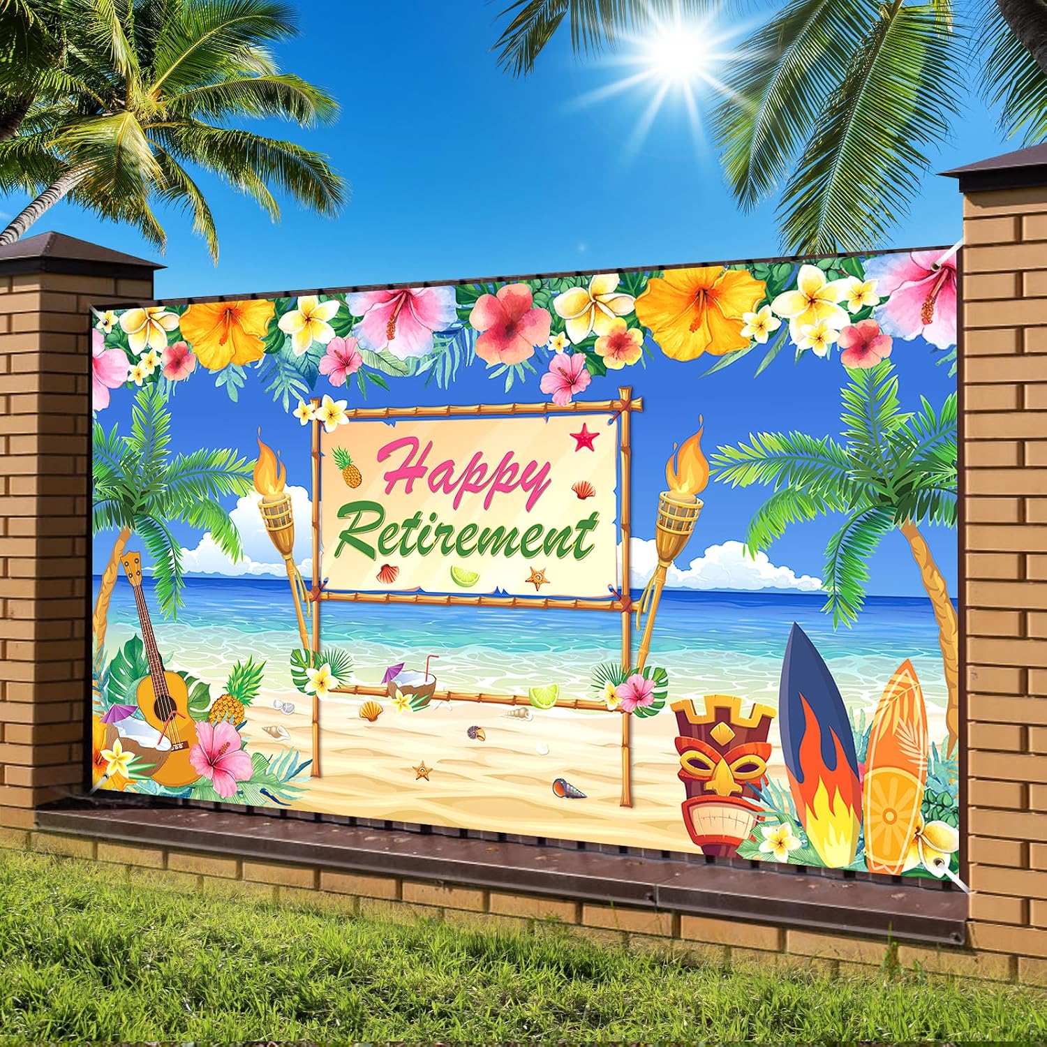 Hawaiian Aloha Beach Themed Retirement Party Decorations Tropical Luau Tiki Happy Retirement Sign Banner Backdrop for Farewell Going Away Party Supplies