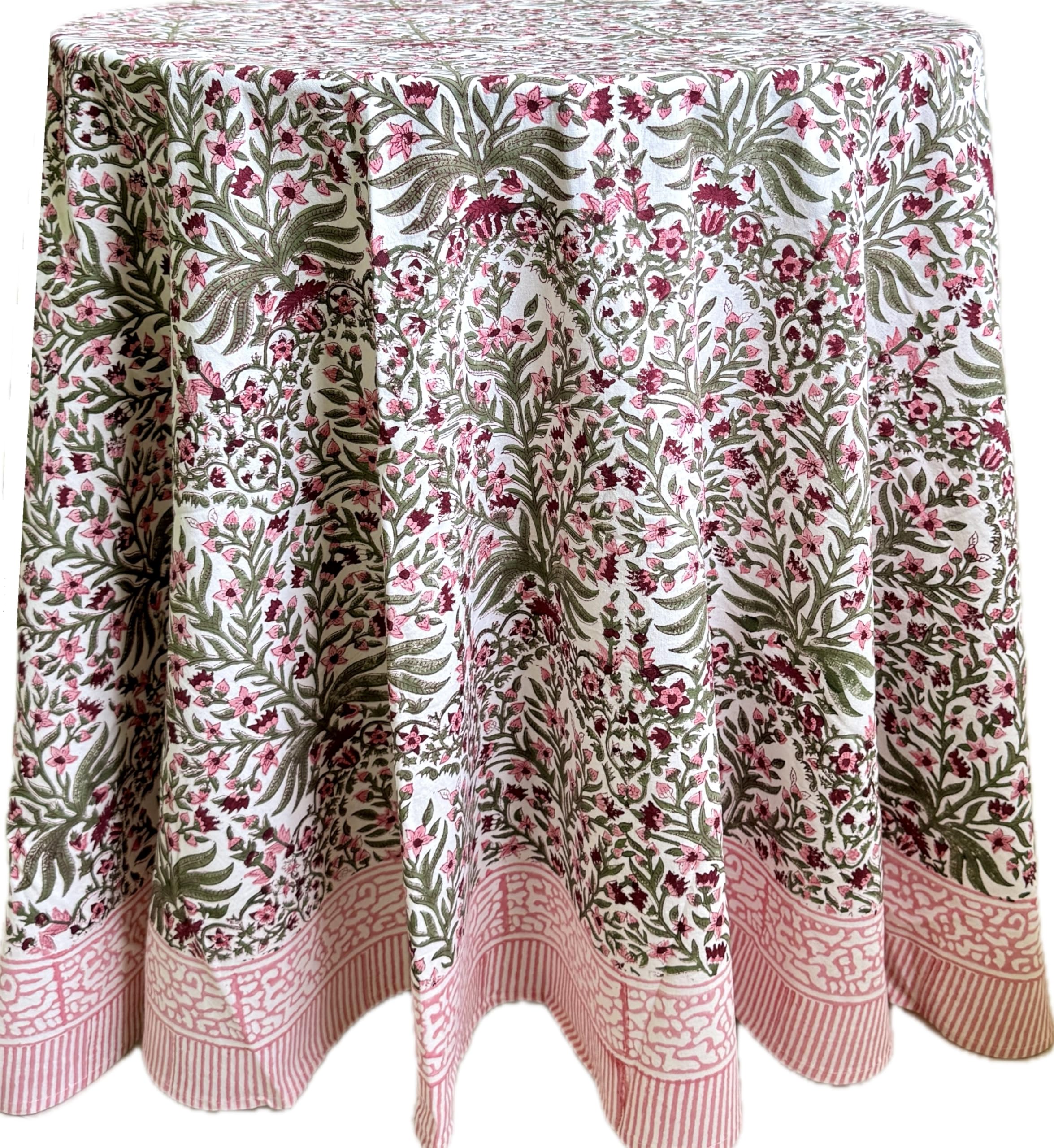 Photo 1 of ATOSII Cotton Blockprint Round Tablecloth, Nargis Pink, 90" (Round)