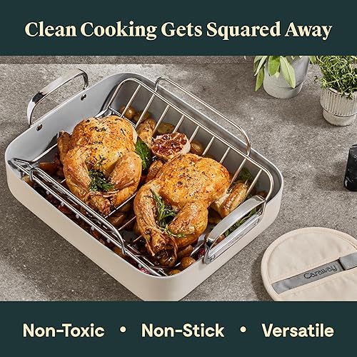 Miniatura 2 de Caraway Sartén para asar de 16 x 13 pulgadas con estante  Revestimiento de cerámica antiadherente  No tóxico, sin PTFE ni PFOA  Apto para horno y