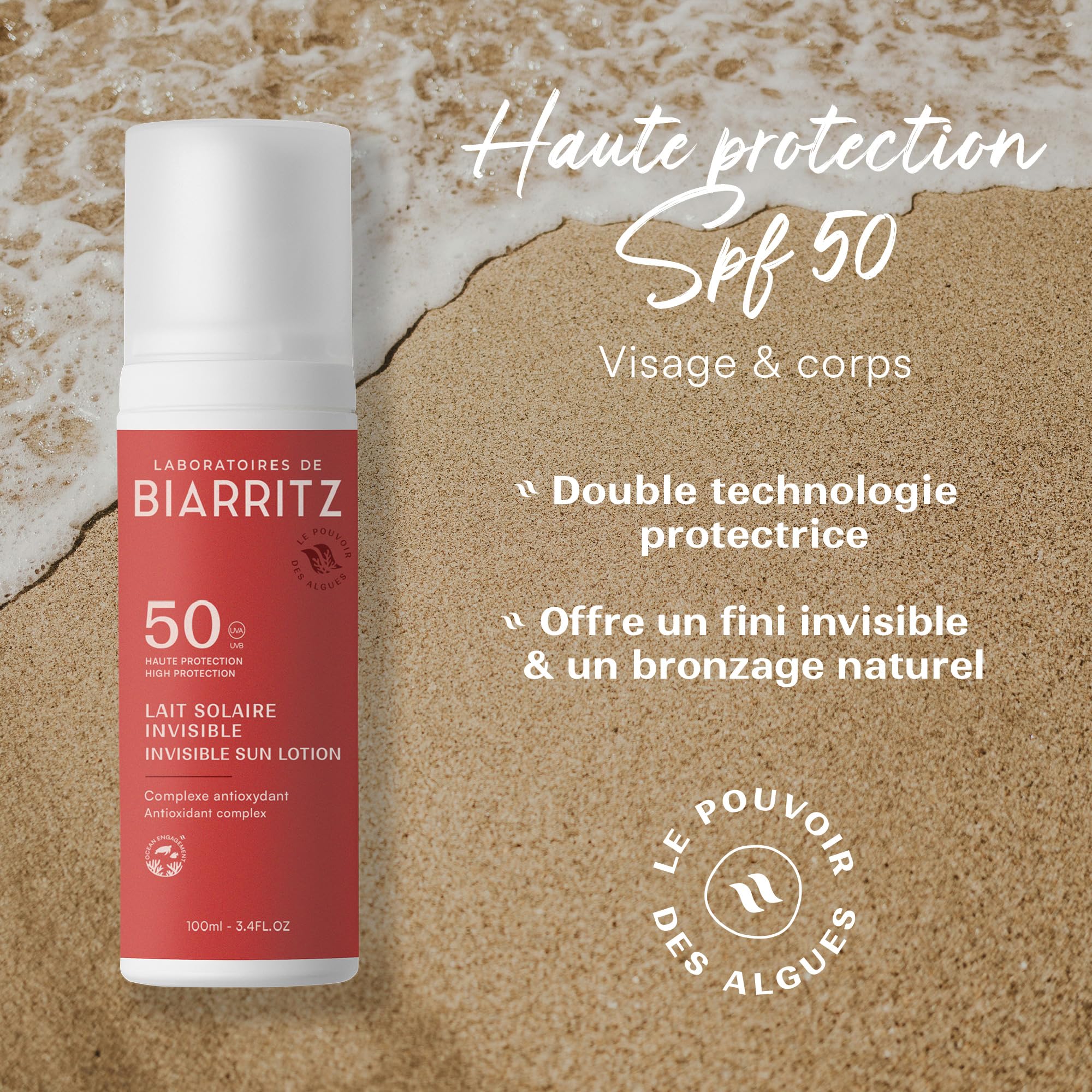 Laboratoires de Biarritz - Lait Solaire Invisible SPF50 - Texture Fluide Invisible - Visage & Corps - Effet Frais dès Application - Parfum 100% d’Origine Naturelle - 100 ml - Fabriqué en France