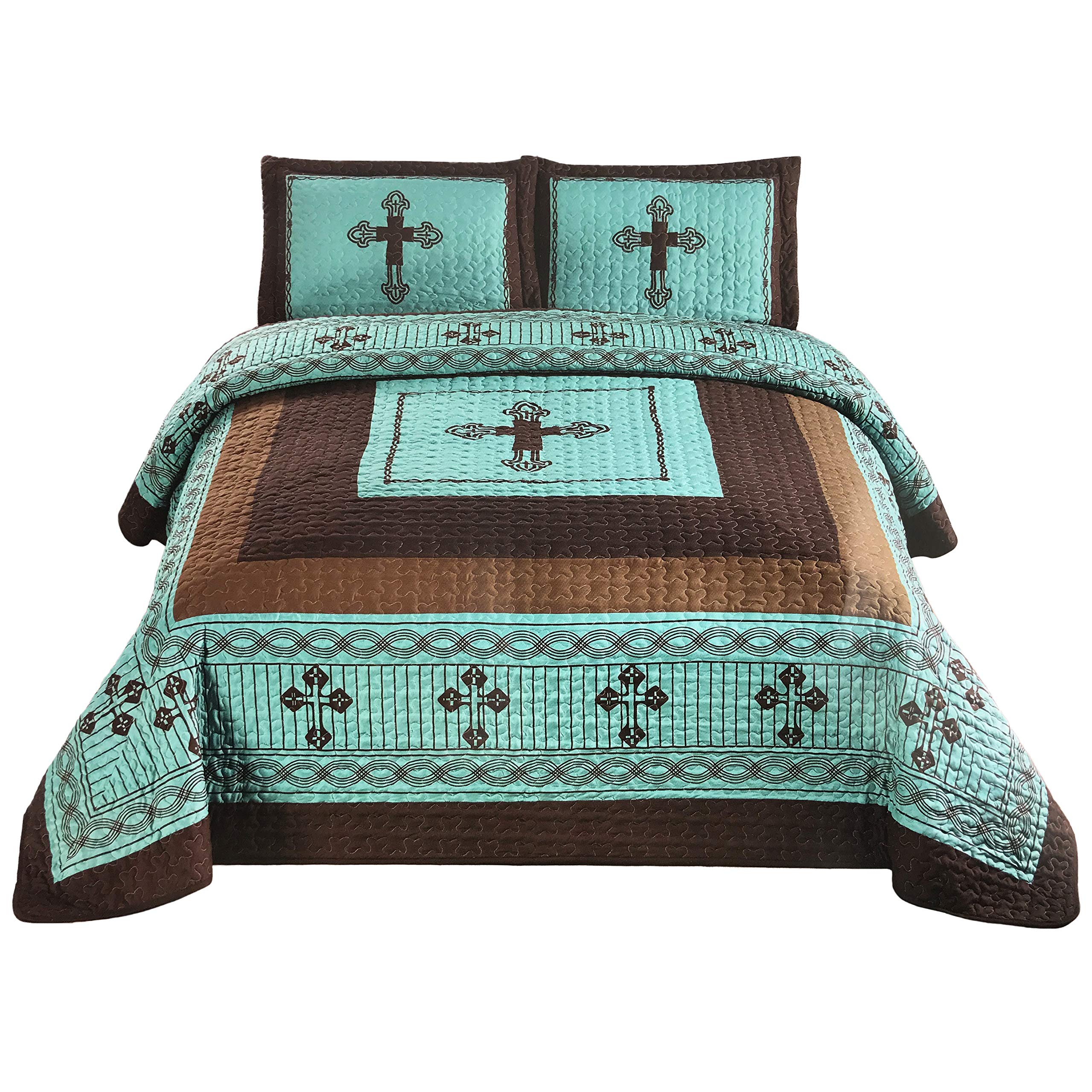 Western Peak 3 Pc Western Texas Cross Lodge Barbed Wire Quilt Bedspread Oversize Comforter (Turquoise, King)