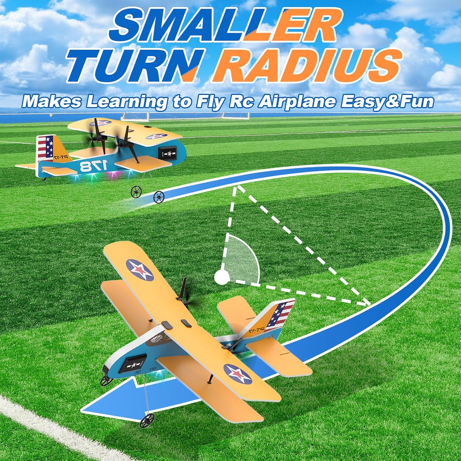 RC Plane, 2.4Ghz Remote Control Airplane with 3 Batteries & 6-axis Gyro Stabilizer, 2 Channel RTF PT-17 RC Toy, Easy to Fly for Beginners Kids Boys Girls Adults (Yellow)