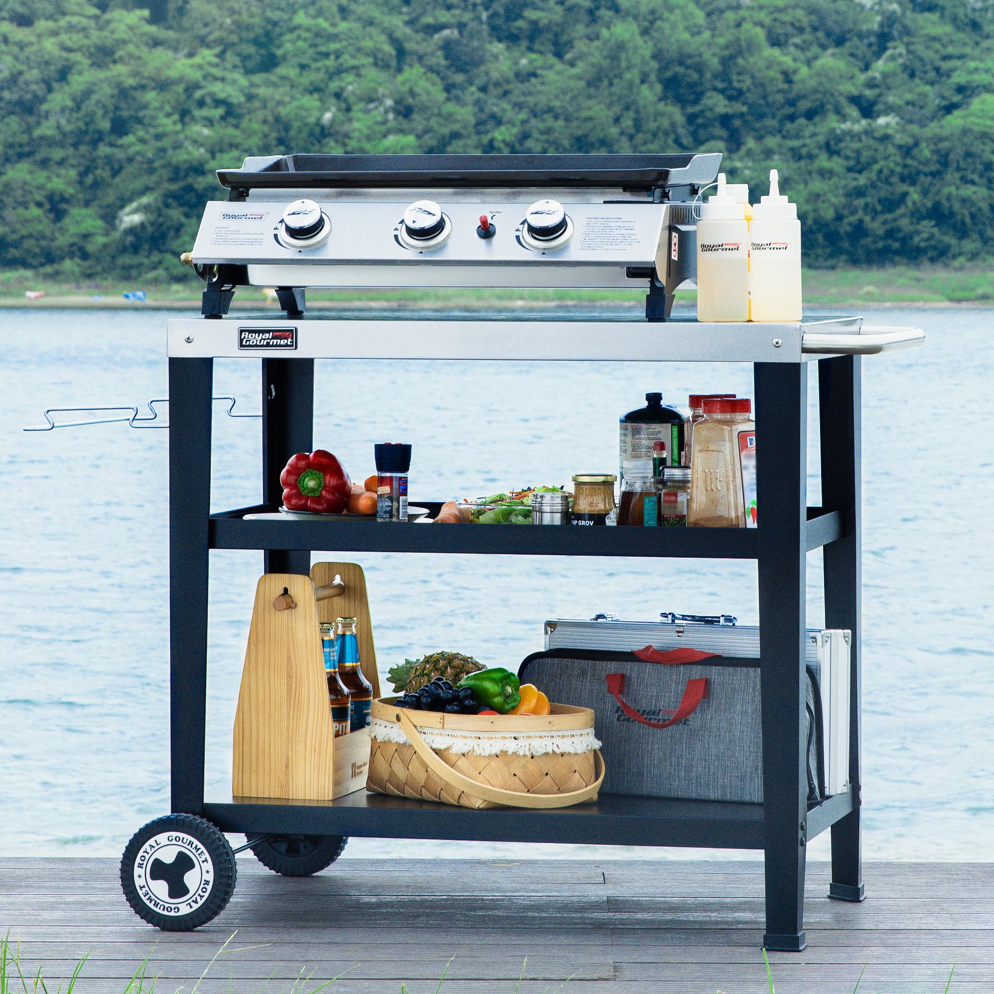 Royal Gourmet Carro de Servir de 3 Niveles con Soporte para Bolsas de Basura, Carrito de Cocina, de Acero Inoxidable, Mesa Auxiliar para Exteriores, Plancha, Mesa de Barbacoa, Carrito con Ruedas,