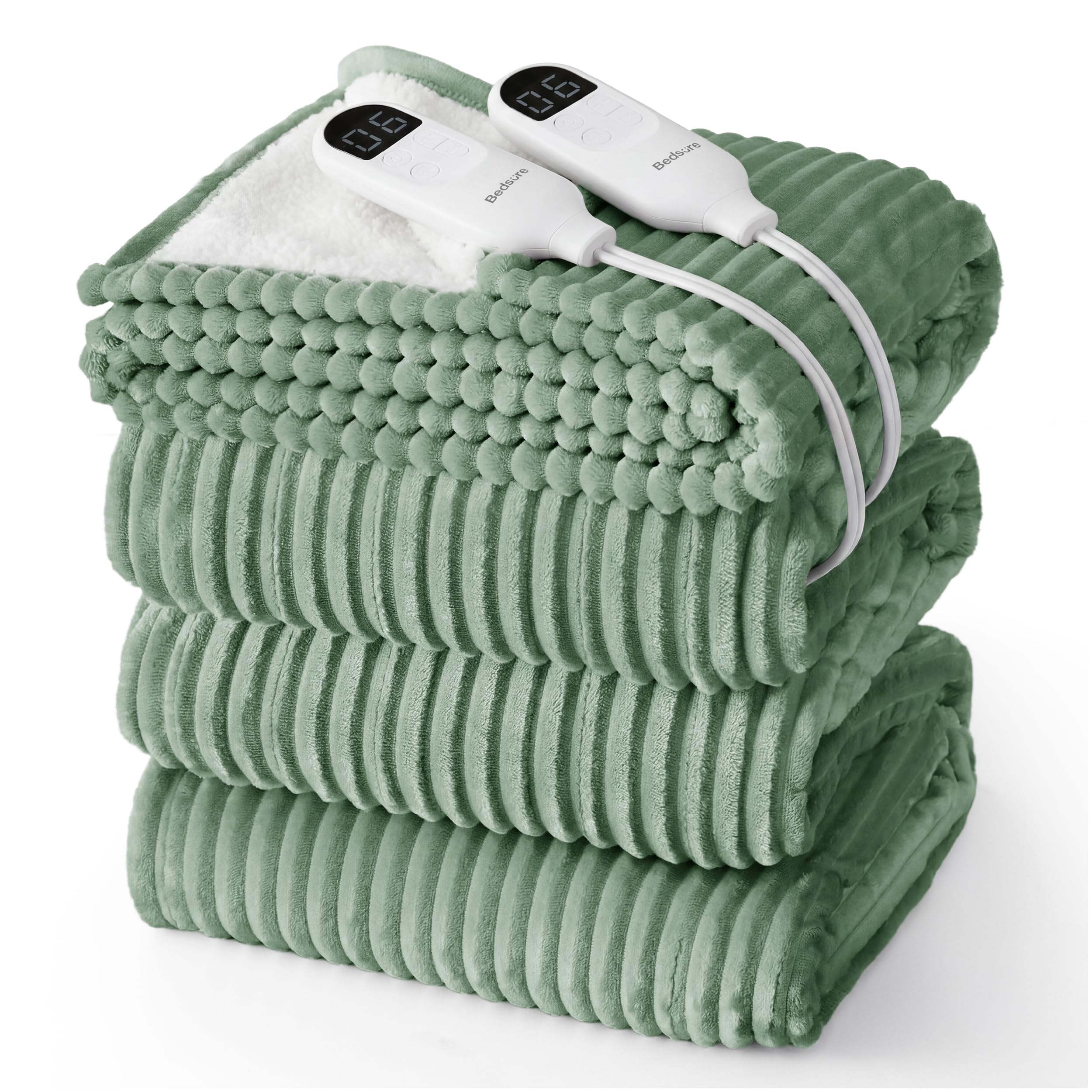 Bedsure Ribbed Electric Blanket Queen, Green Heated Blanket, Preheat
