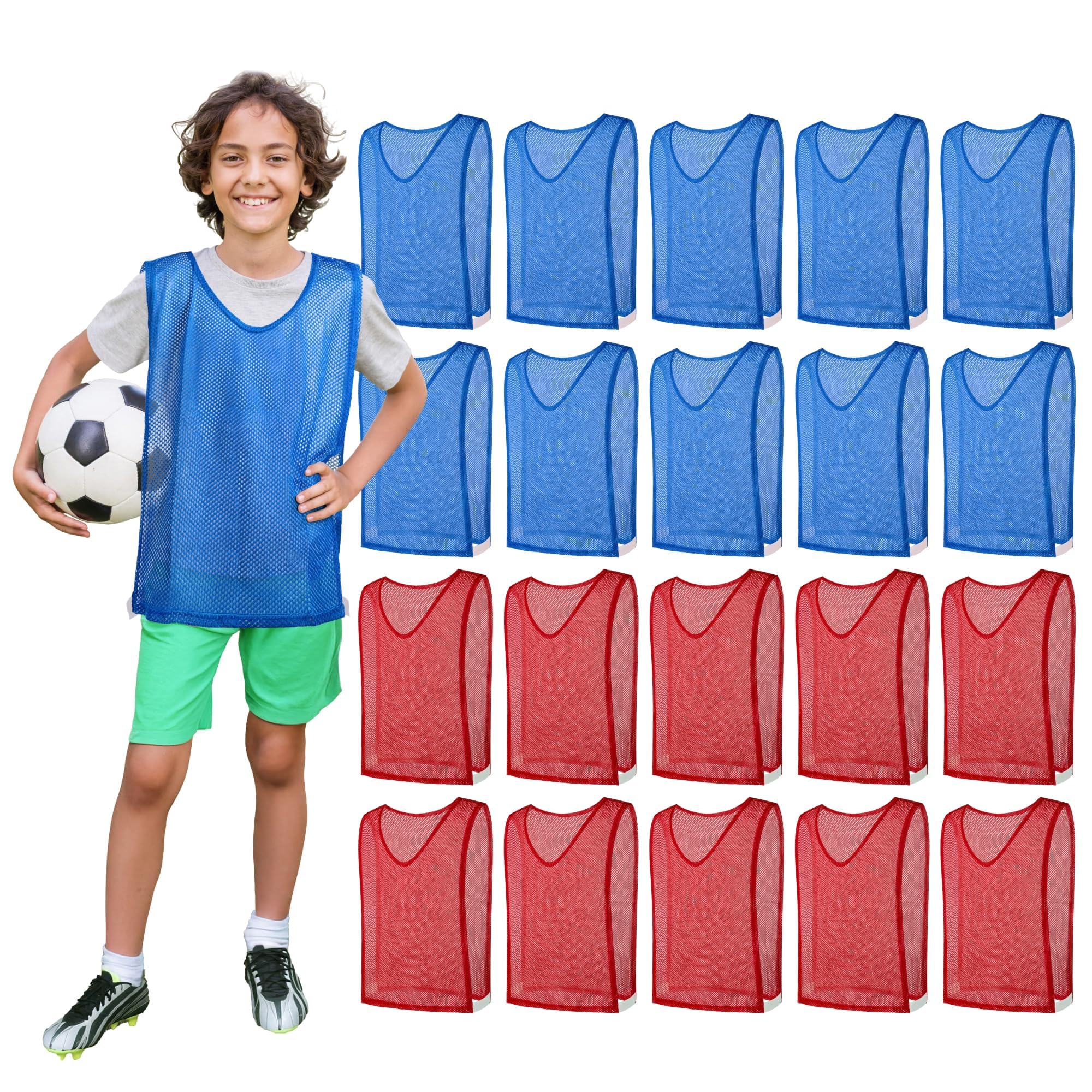 Gsi Unisex Kids Red, Blue Youth & Kids Pinnies With Velcro - Adjustable, Breathable, Lightweight Pinnies For Sports & Scrimmage Vests For Soccer/Basketball (10 Red, 10 Blue) - Includes Carry Bag