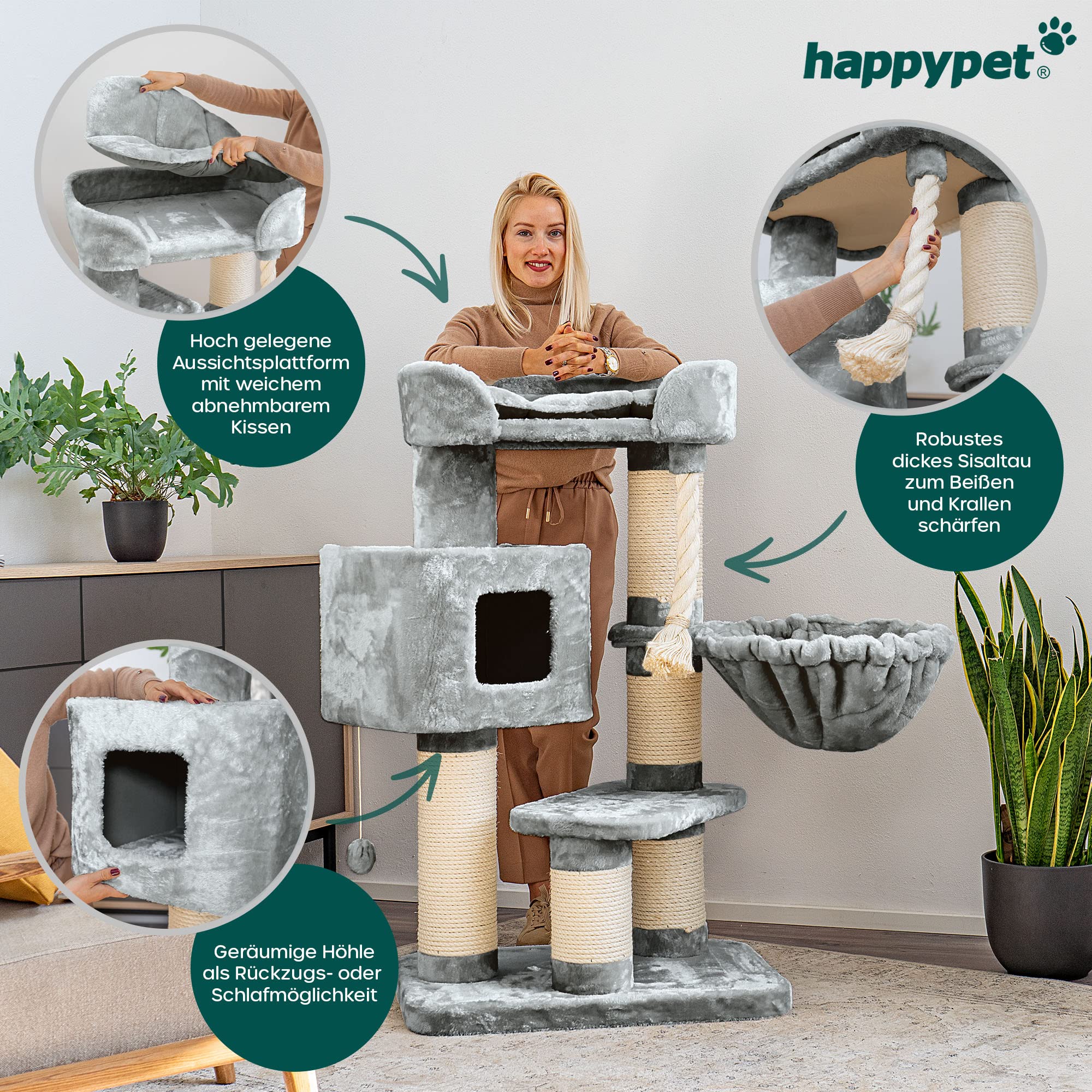 HAPPYPET Kratzbaum 118 cm hoch fr groe Katzen - Katzenbaum Stabil, Maine  Coon, ca. 15 cm Dicke Sisal-Sulen, Liegemulde, Spieltau & Katzenhaus,  Massiv, Grau : Amazon.de: Haustier
