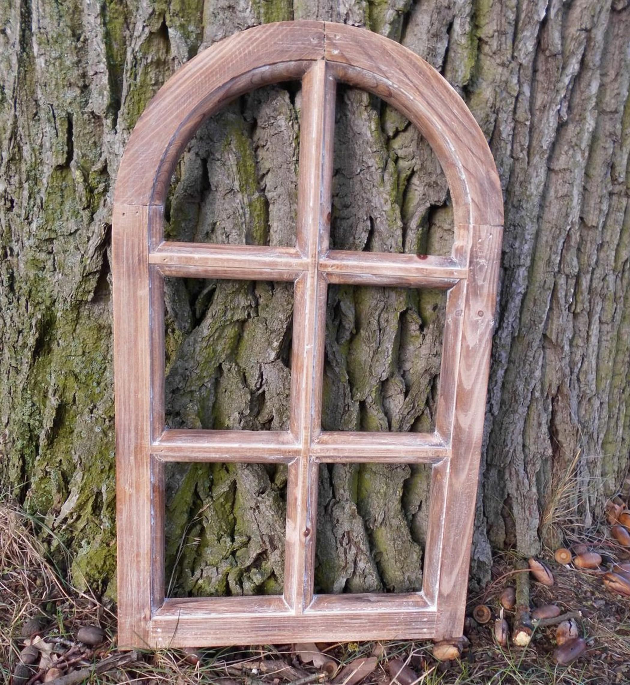 Kleineres Dekofenster Sprossenfenster Dekorahmen halbrund Holz braun 49 cm