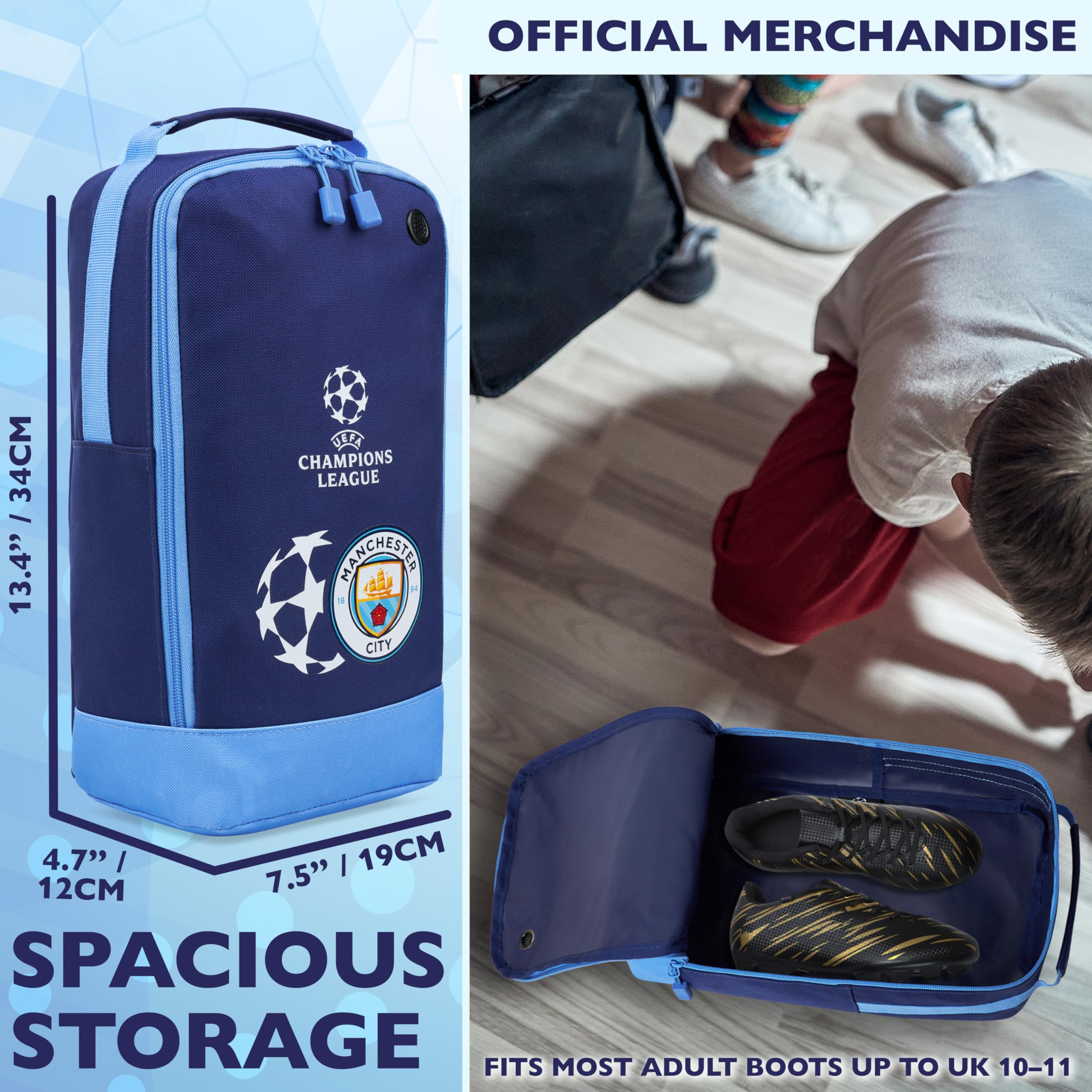 Manchester City F.C. - Borsa per scarpe da calcio, adulti, adolescenti, sport, ventilazione, per bambini, tifosi, viaggi, in PE, rugby, cricket, hockey, 19 x 34 x 12 cm
