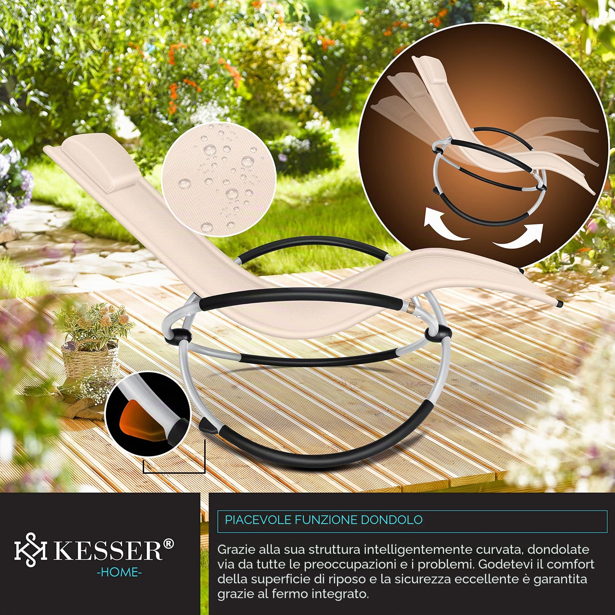 KESSER® Lettino relax Sdraio | Lettino da giardino | Sedia da giardino | Sedia pieghevole | Lettino a dondolo | Sedia a dondolo | seduta reclinabile ergonomica, Beige