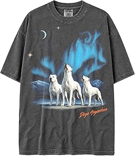 USA Shaka Wear Max-Heavyweight Oversized 7.5oz 100% Faded Cotton Tshirt of Dogs Howling at the Moon in Aurora Borealis
