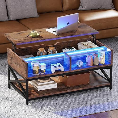 Miniatura 8 de YITAHOME Mesa auxiliar elevable, mesa de centro LED con compartimento oculto y estante de almacenamiento, mesas de centro de madera para sala de