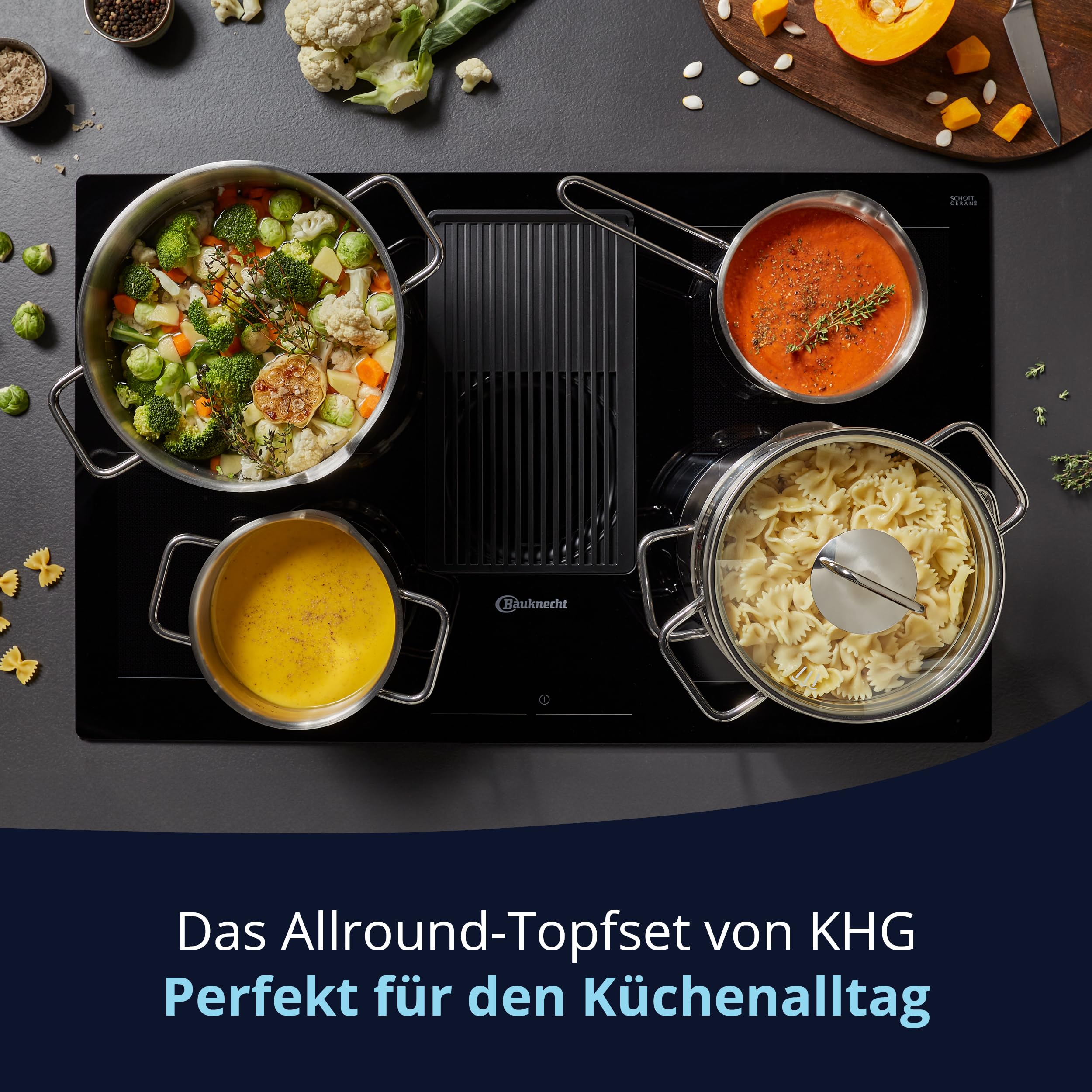 KHG Topfset 5-teilig Edelstahl, Innenskala, Kasserolle, für Küche und Herd | mit Dünsteinsatz zum Dampfgaren, Induktion Kochtopf 16 cm, 20 cm, 24 cm, Glasdeckel mit Dichtring und Sieb, für Zuhause