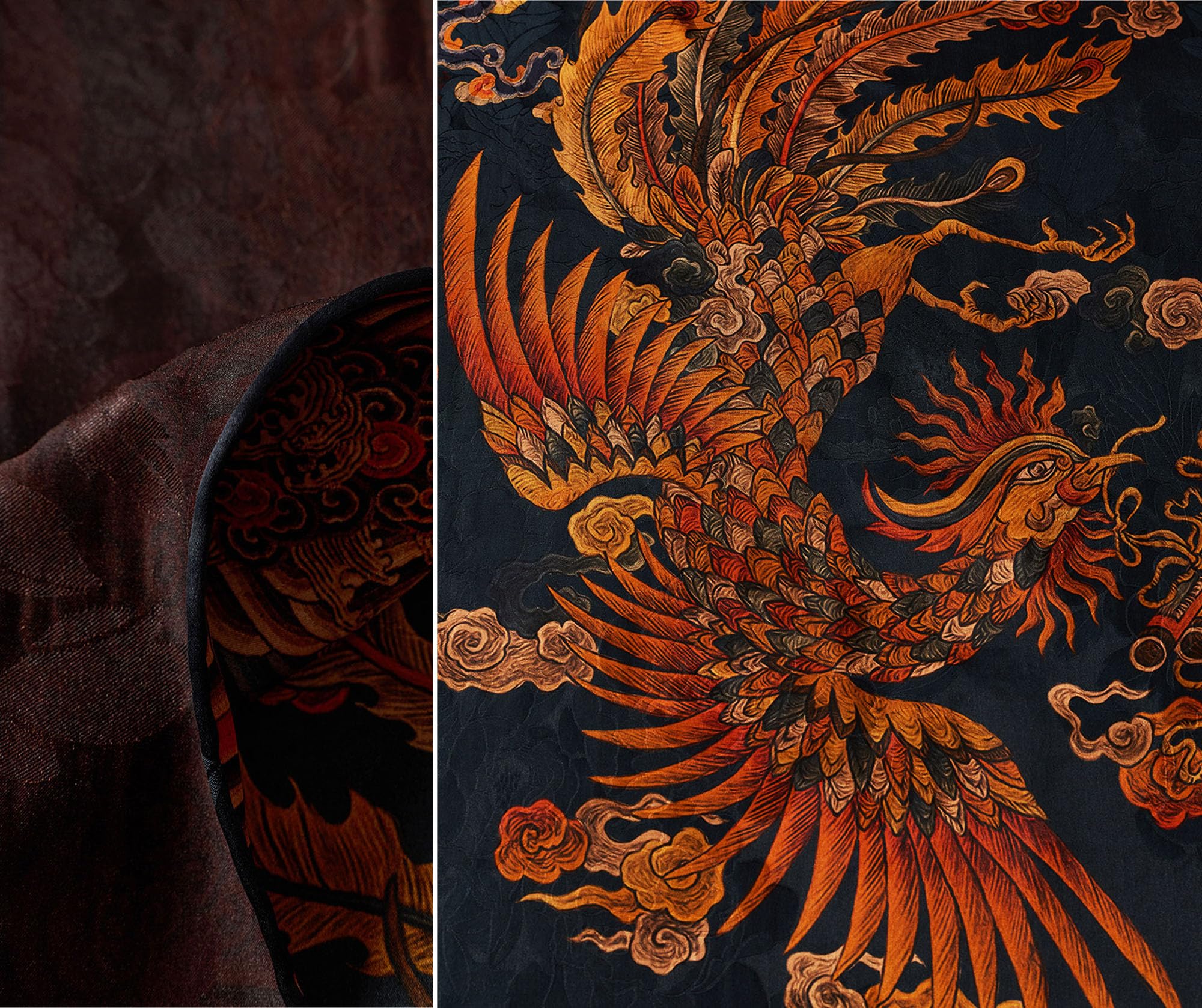 HangErFeng Damski ciężki jedwabny szal XiangYunSha dwustronny feniks chmura nadruk czarny 1647