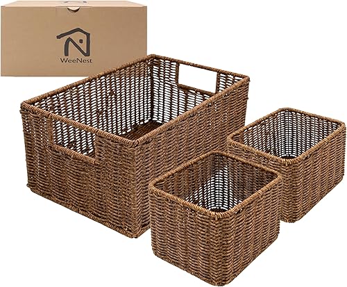 WeeNest Cesta de mimbre con asa, Cestas de mimbre para organizar, Cestas de estante para organizar, Cesta tejida con asas, Organizador de cesta de