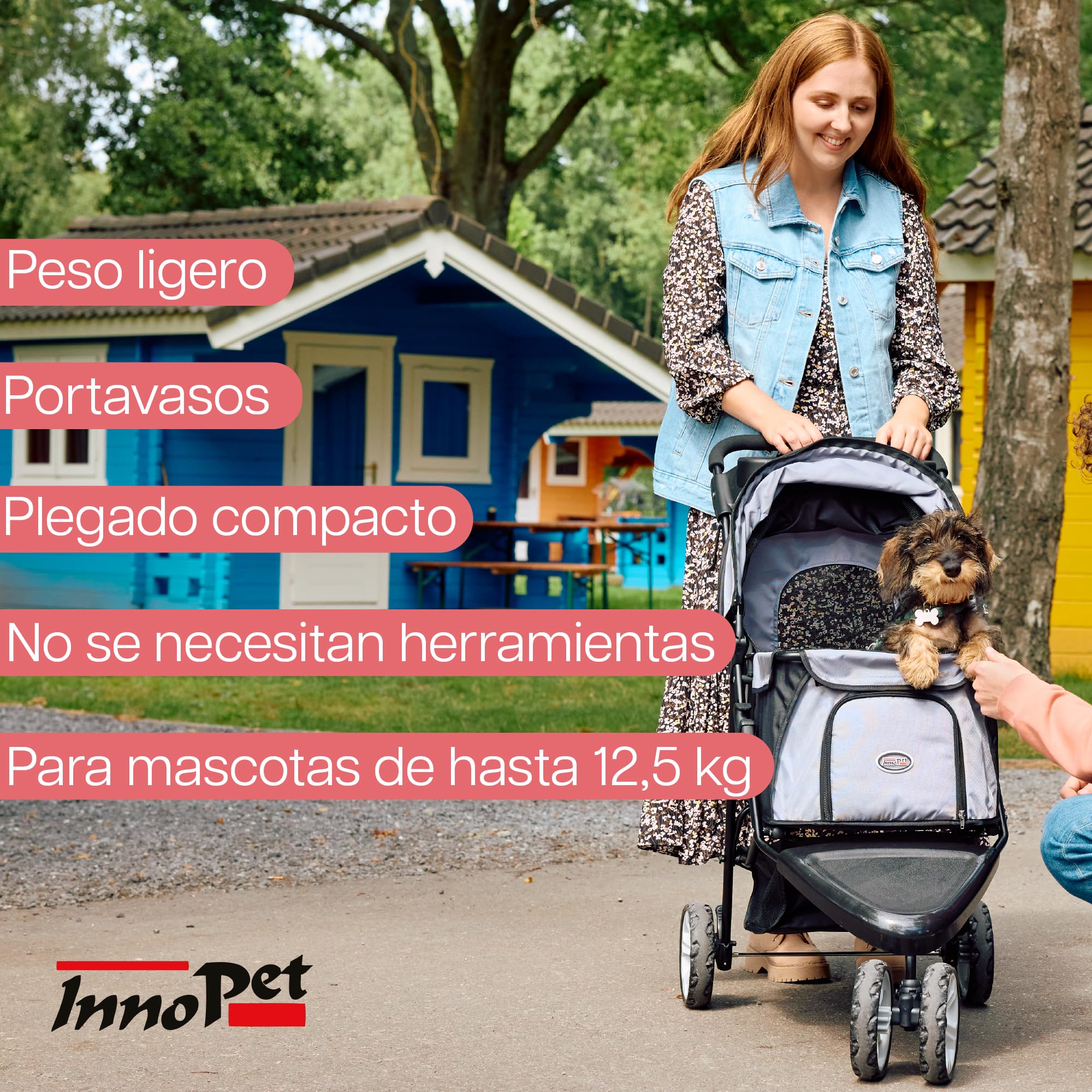Innopet All Terrain negro/plata - Carrito de 3 ruedas para perros y gatos hasta 12,5kg, con ruedas EVA, plegado fácil y portavasos